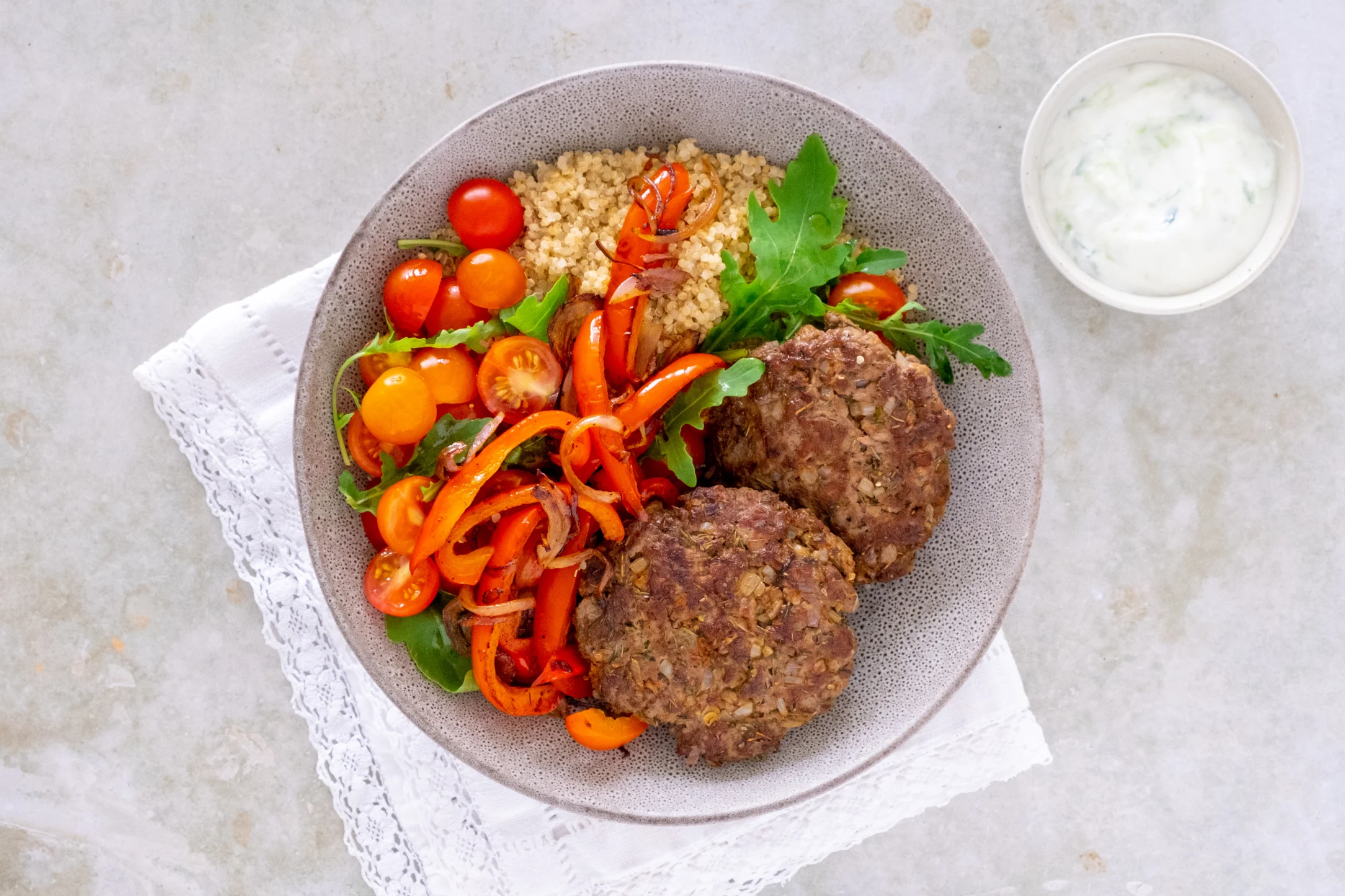 Beef Souvlaki Quinoa Bowl with Tzatziki