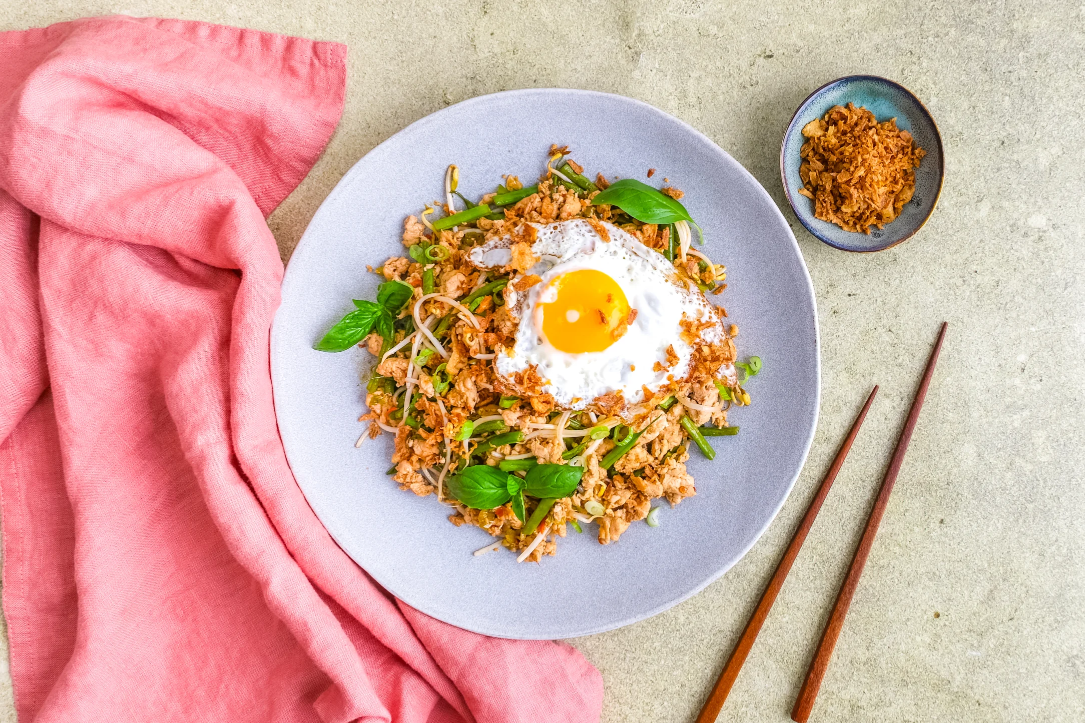 Thai Chicken Mince Stir-fry with Crispy Fried Egg
