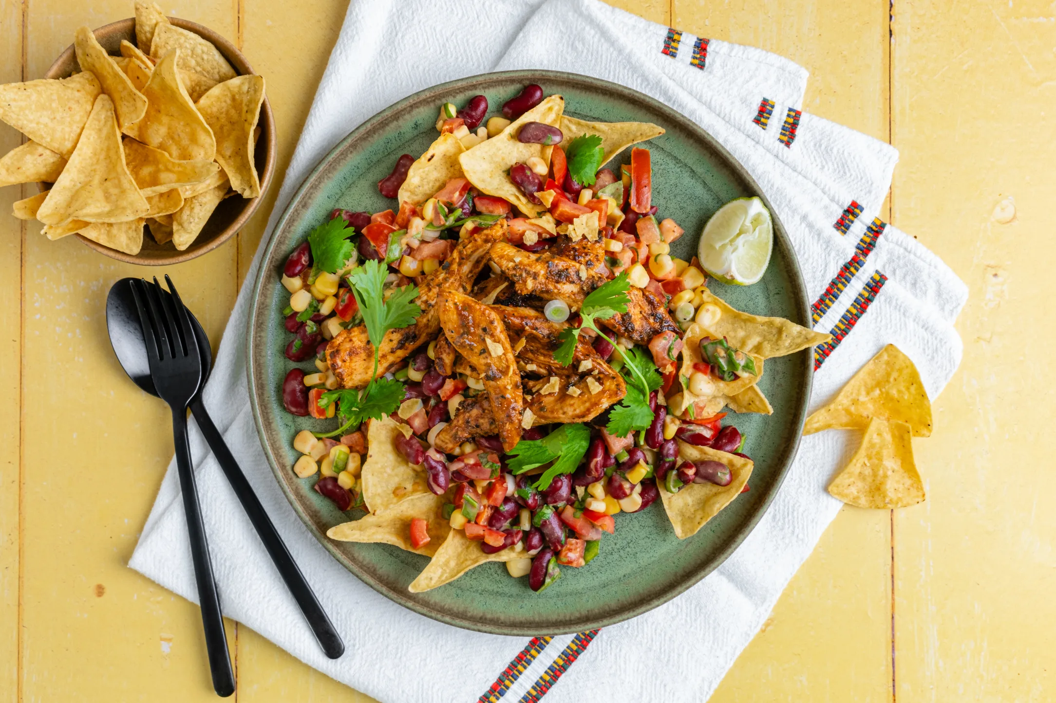 Tex-Mex Chicken Strips with Cowboy Caviar Dip and Corn Chips