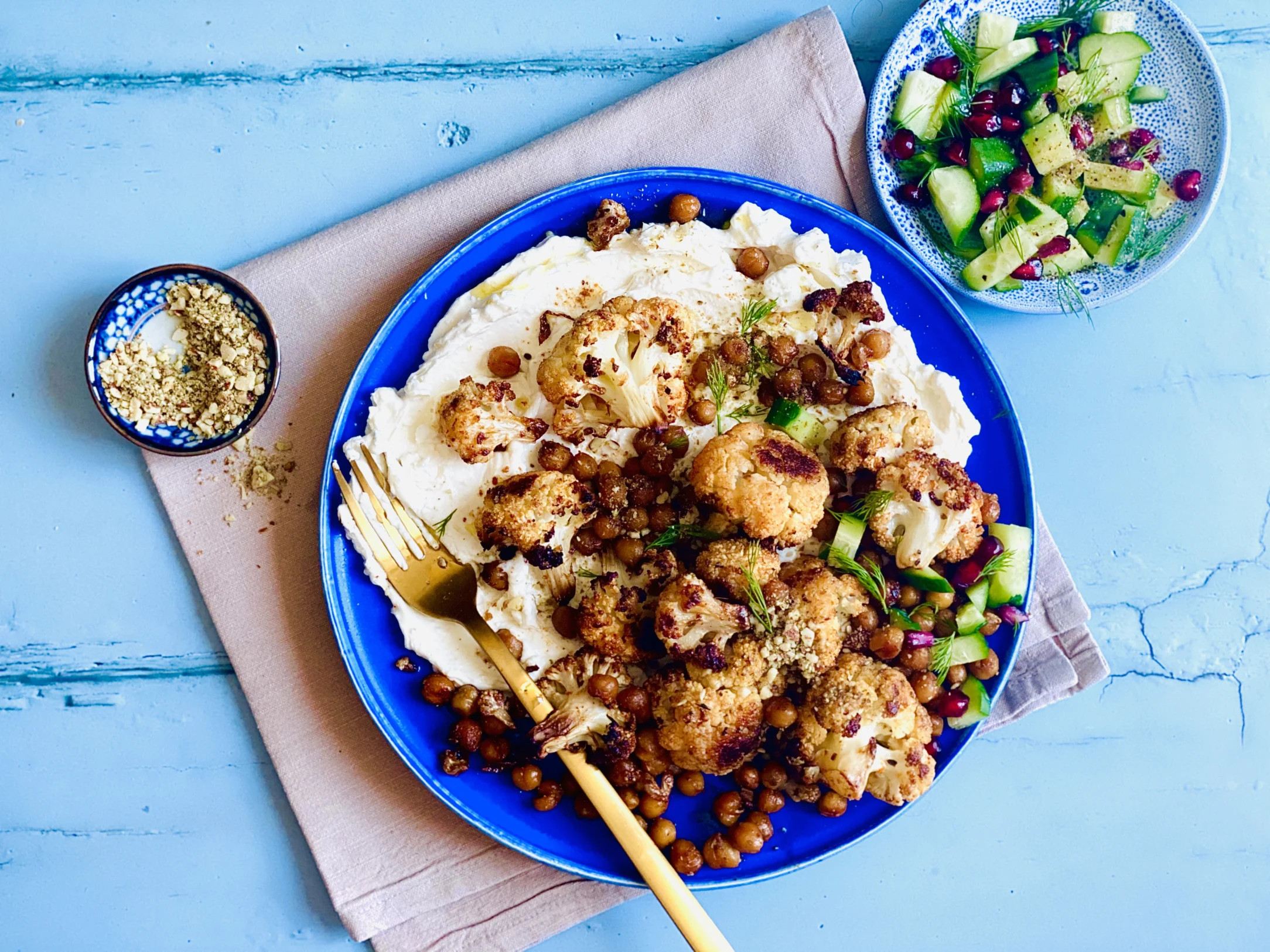 Cauliflower Shawarma Salad with Whipped Feta, Pitta and Dukkah