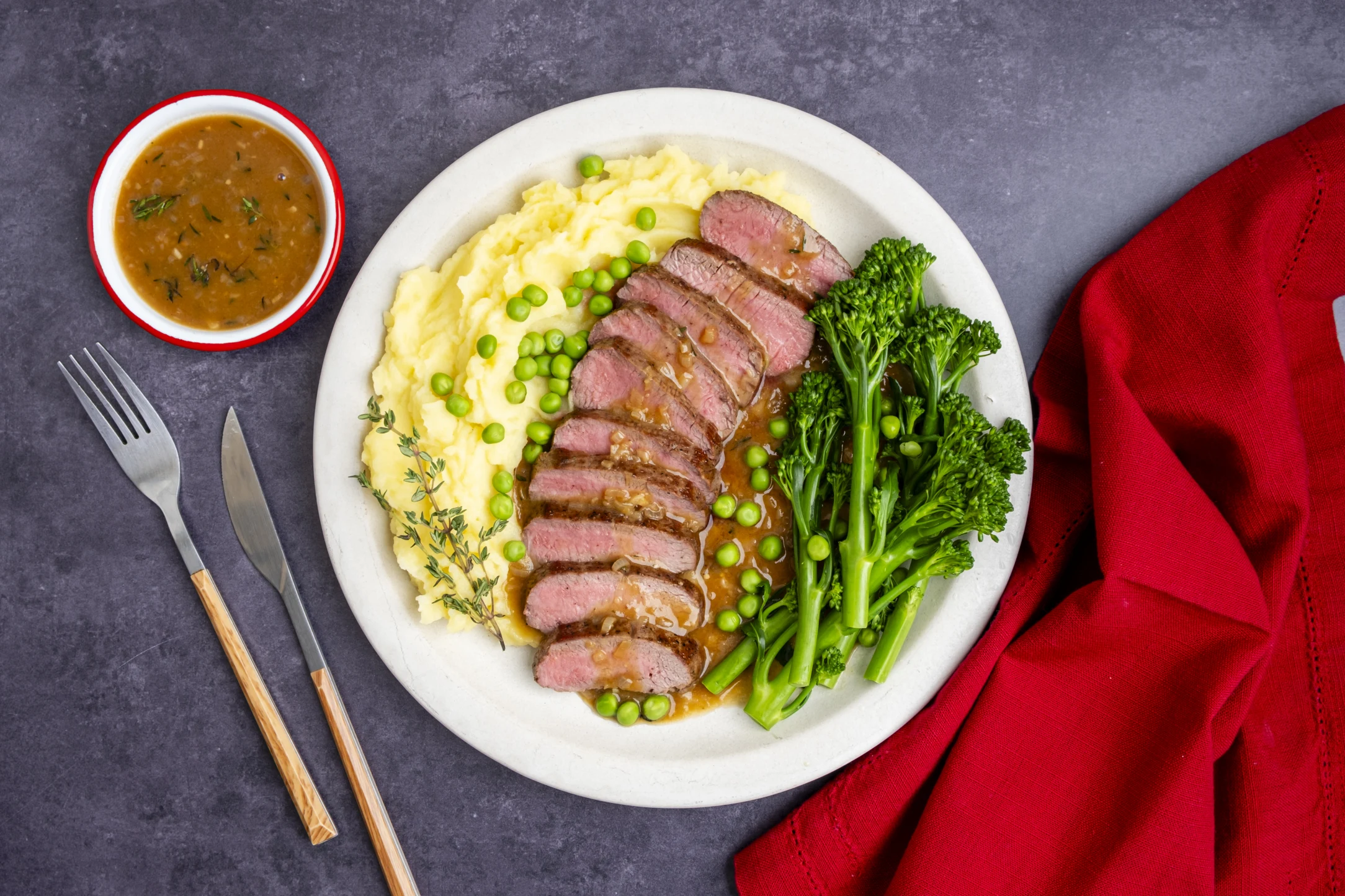 Lamb Loin with Mashed Potatoes, Green Veg, and Gravy