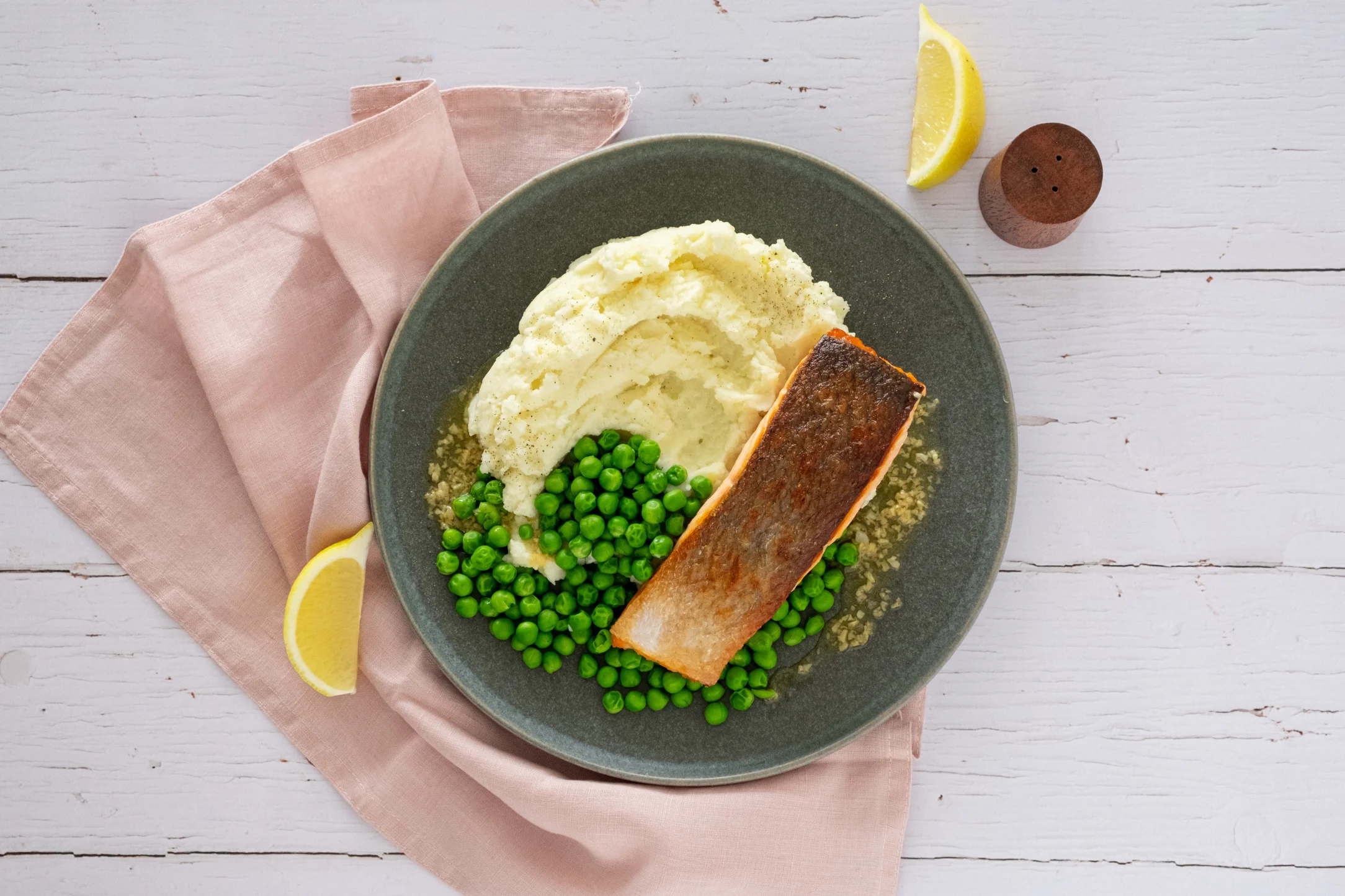 Garlic Butter Salmon with Creamy Mashed Potato and Green Peas