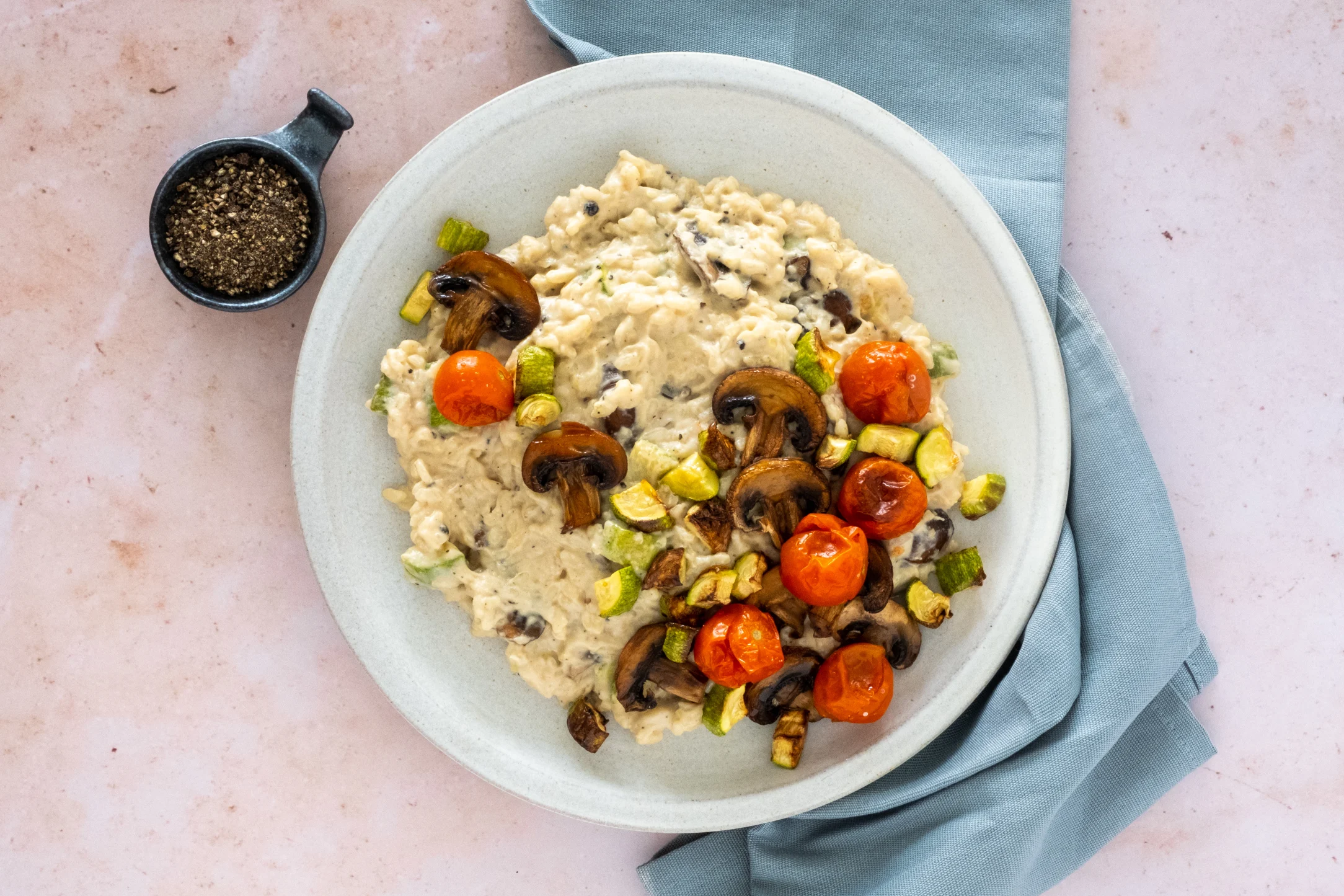 Black Pepper Risotto with Chestnut Mushrooms and Tomatoes