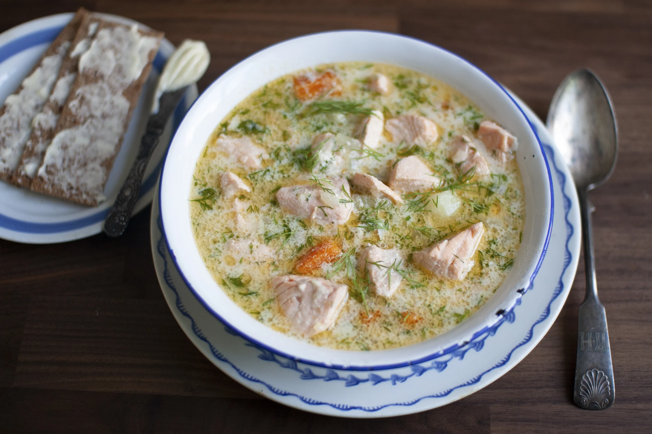 Creamy Salmon Soup with Rye Crisps
