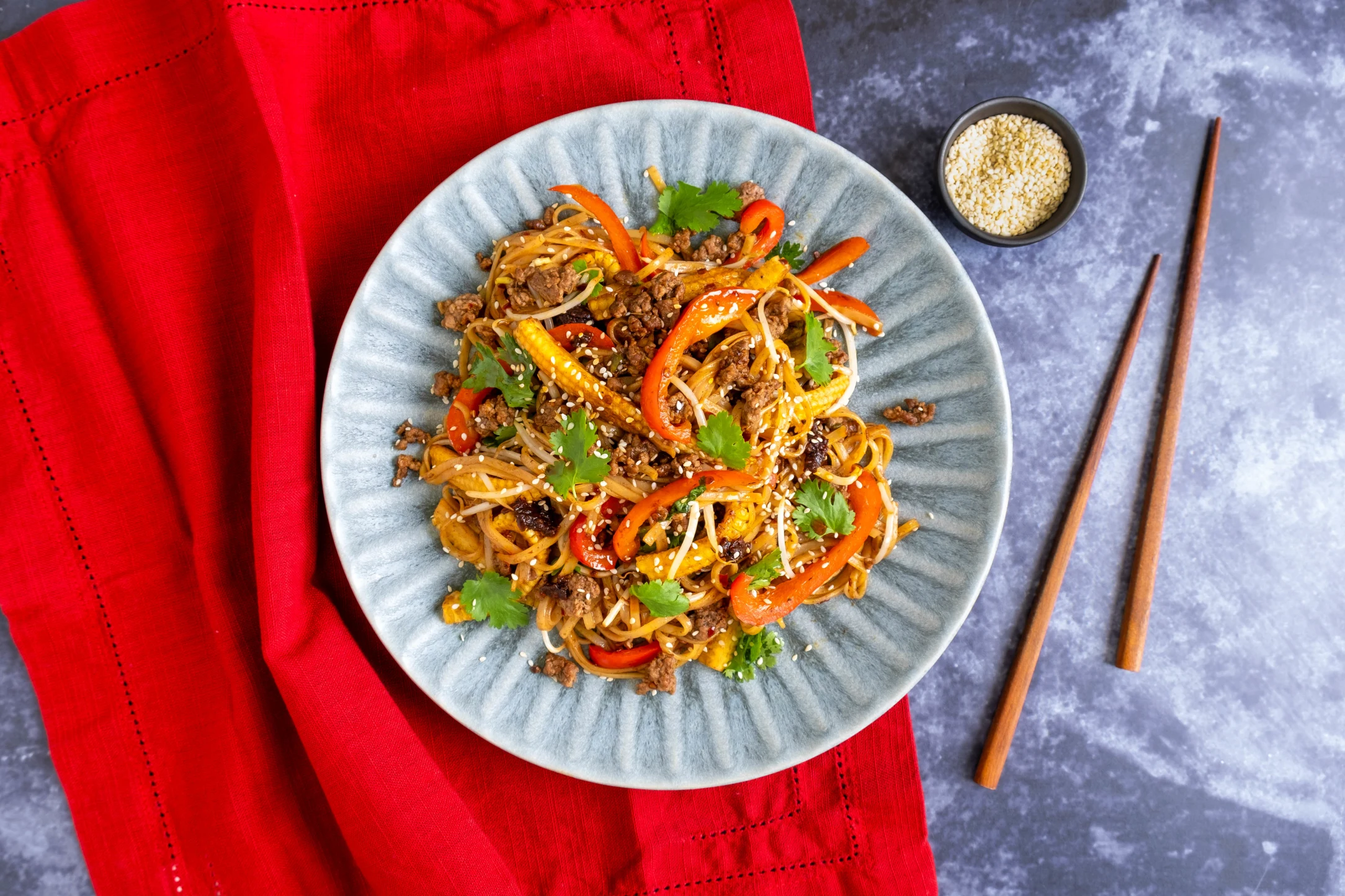 Chinese-Style Cumin Lamb Noodles with Peppers and Baby Corn