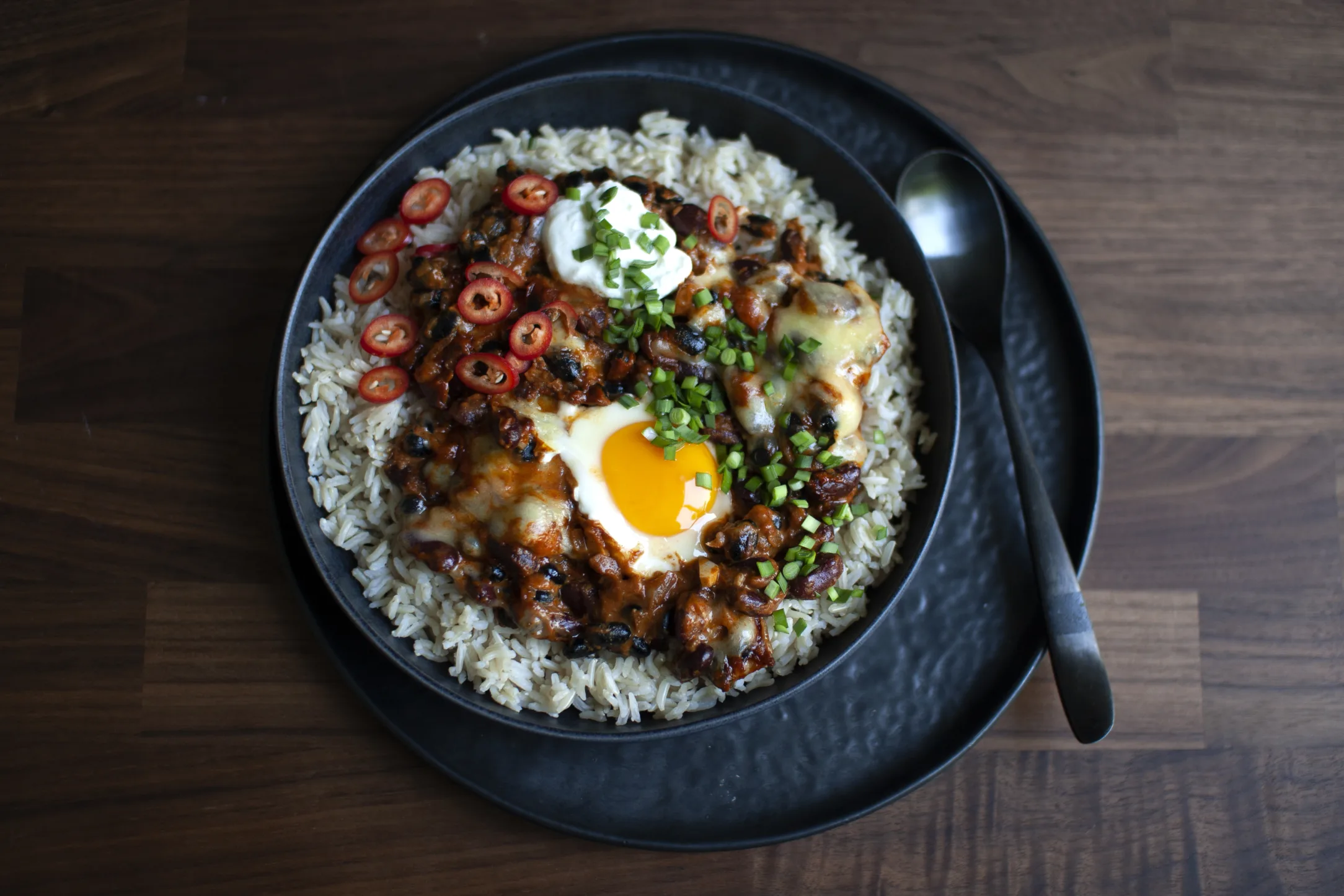 Two Bean Chilli with Eggs, Cheese and Brown Rice
