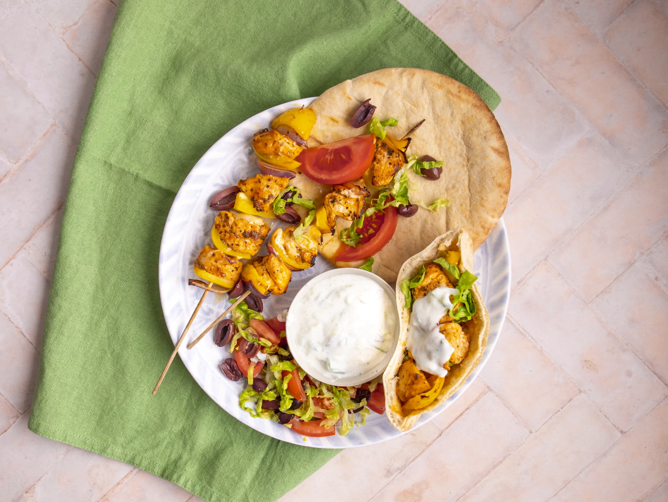 Chicken Souvlaki with Tzatziki, Pitta and Salad