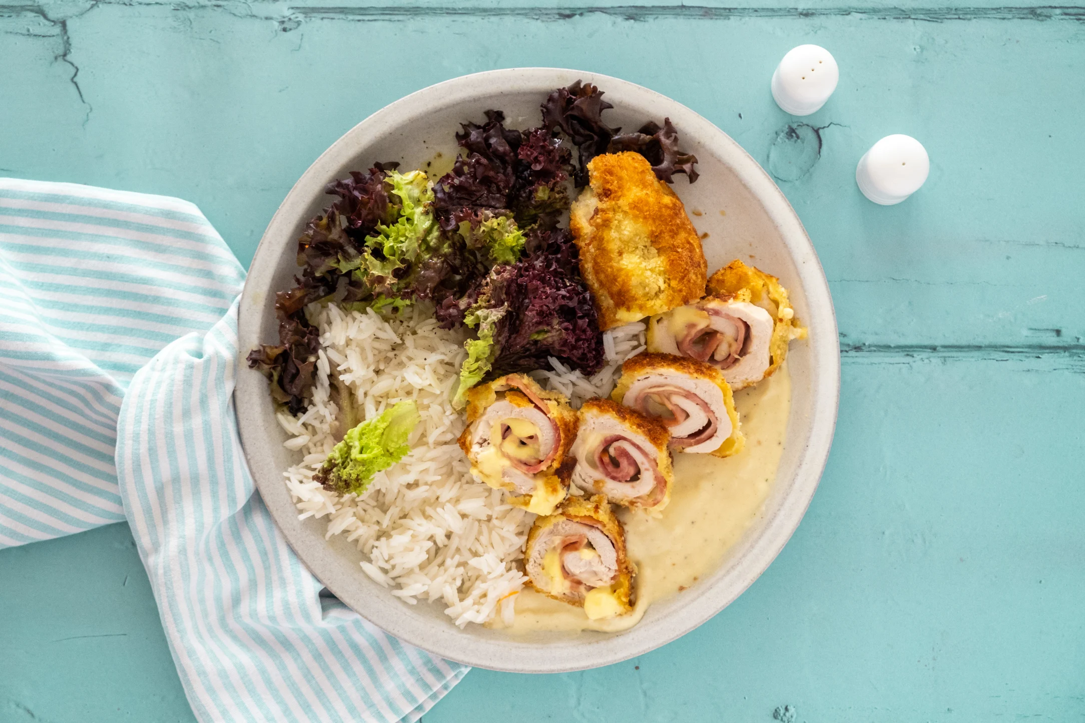Chicken Cordon Bleu with Salad and Dijon Sauce