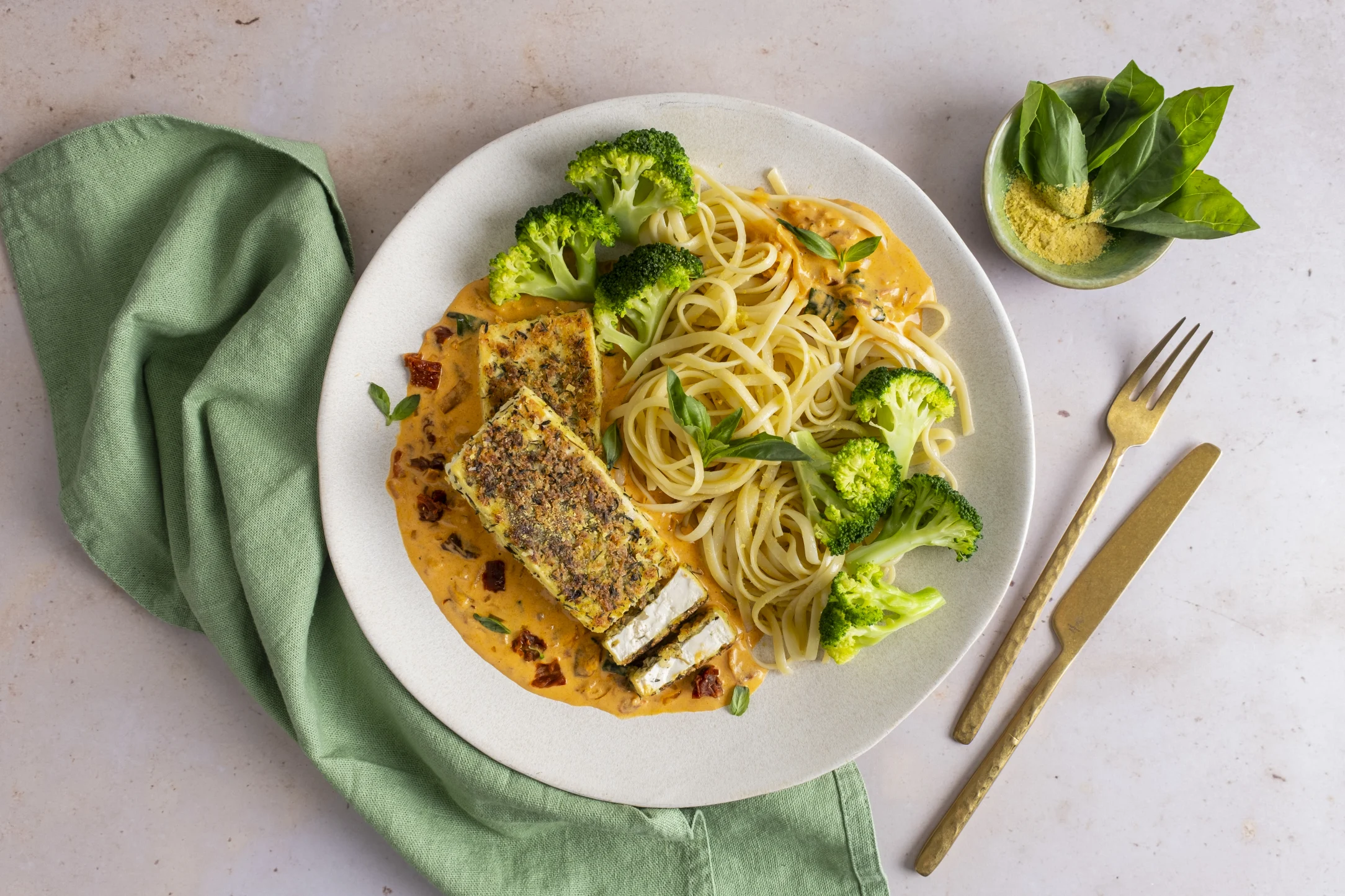 Herb-Crusted Tofu in a Creamy Sundried Tomato Sauce with Linguine and Broccoli