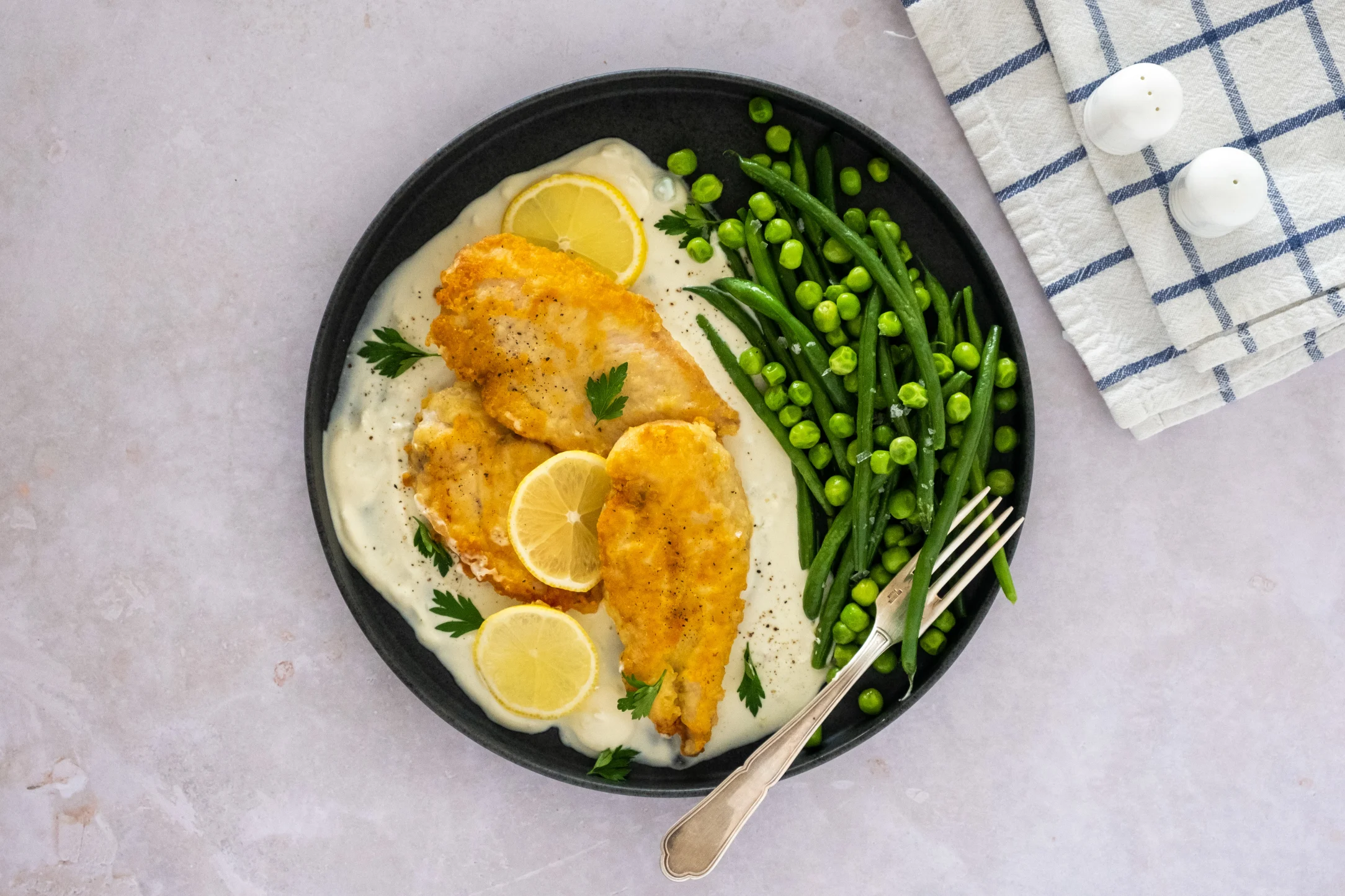 Chicken Francaise: Chicken in a Creamy Lemon Sauce with Green Beans