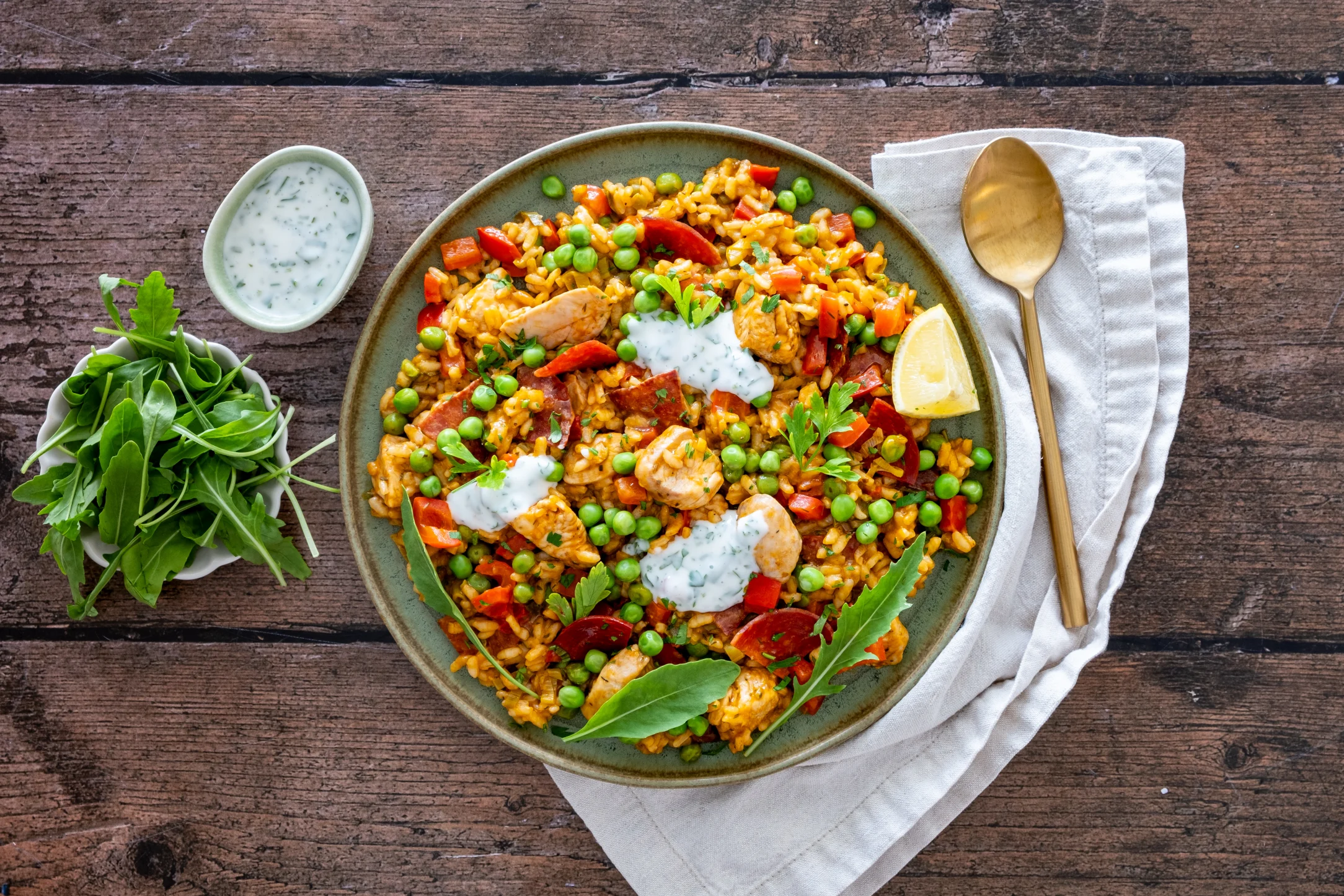One Pan Chicken and Chorizo Rice with Lemon-Herb Mayo and Rocket