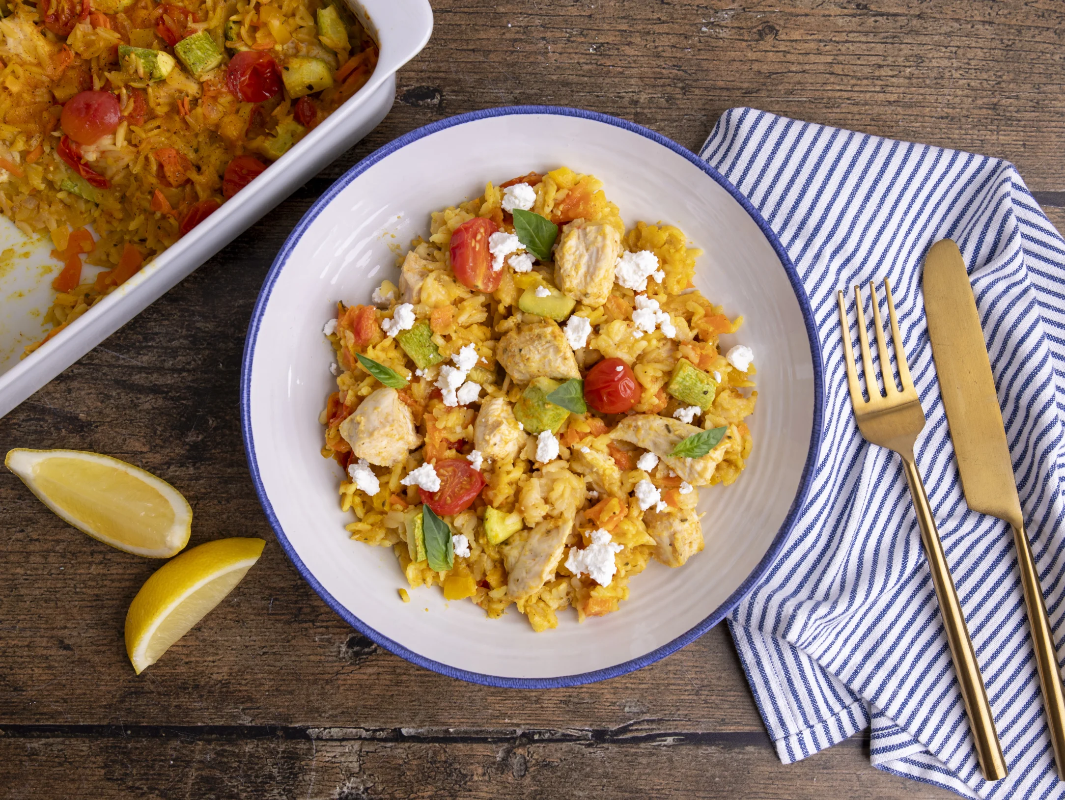 Mediterranean Chicken Orzo Traybake with Feta and Basil