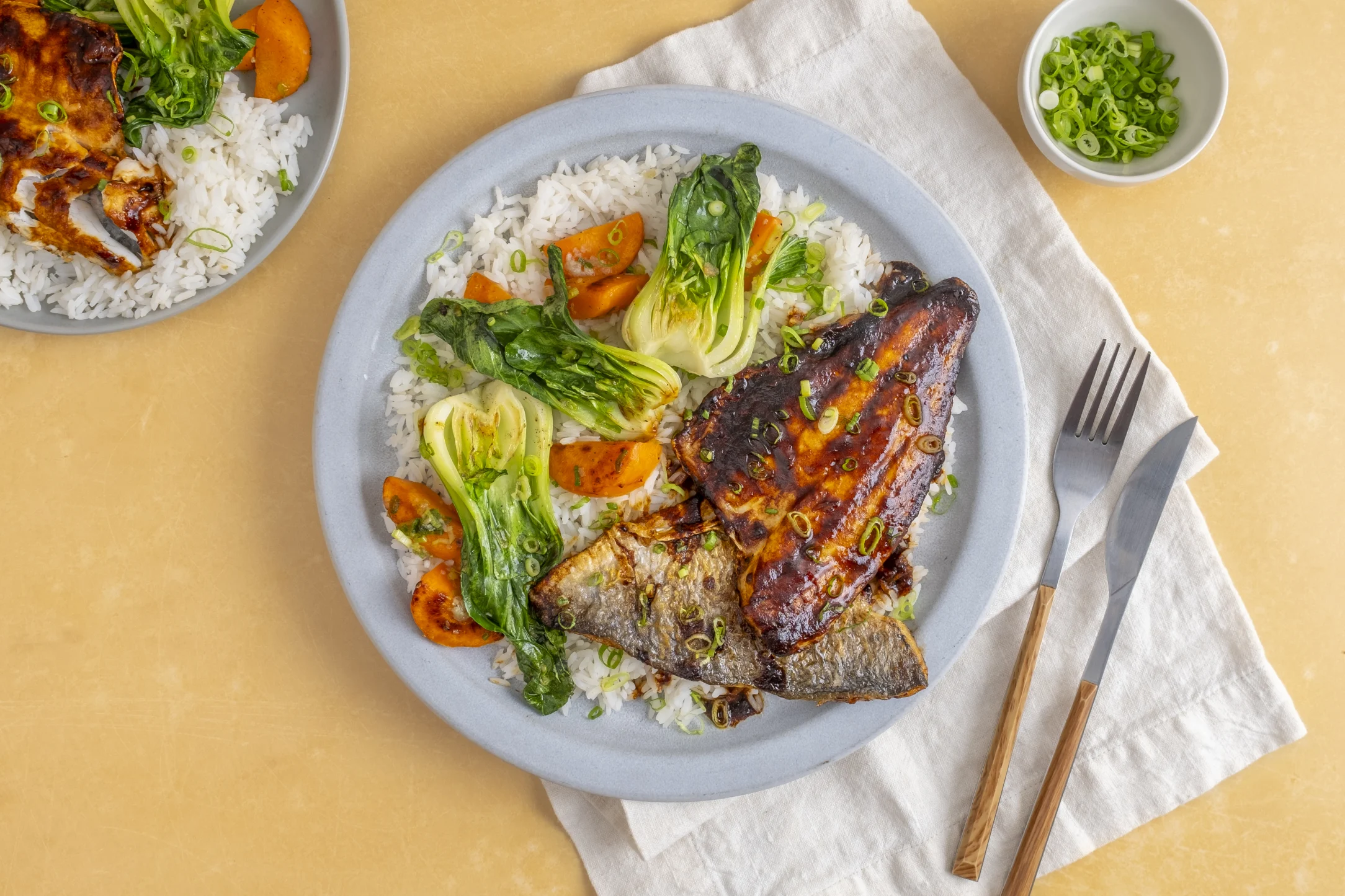 Sweet & Spicy Gochujang Fish with Spring Onion Rice, Carrot and Pak Choi