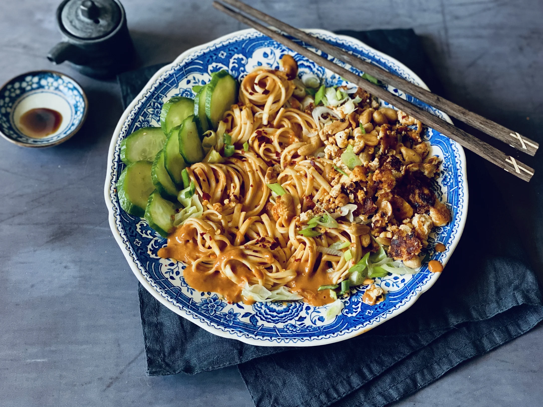 Spicy Veggie and Tofu Dan Dan Noodles with Peanuts
