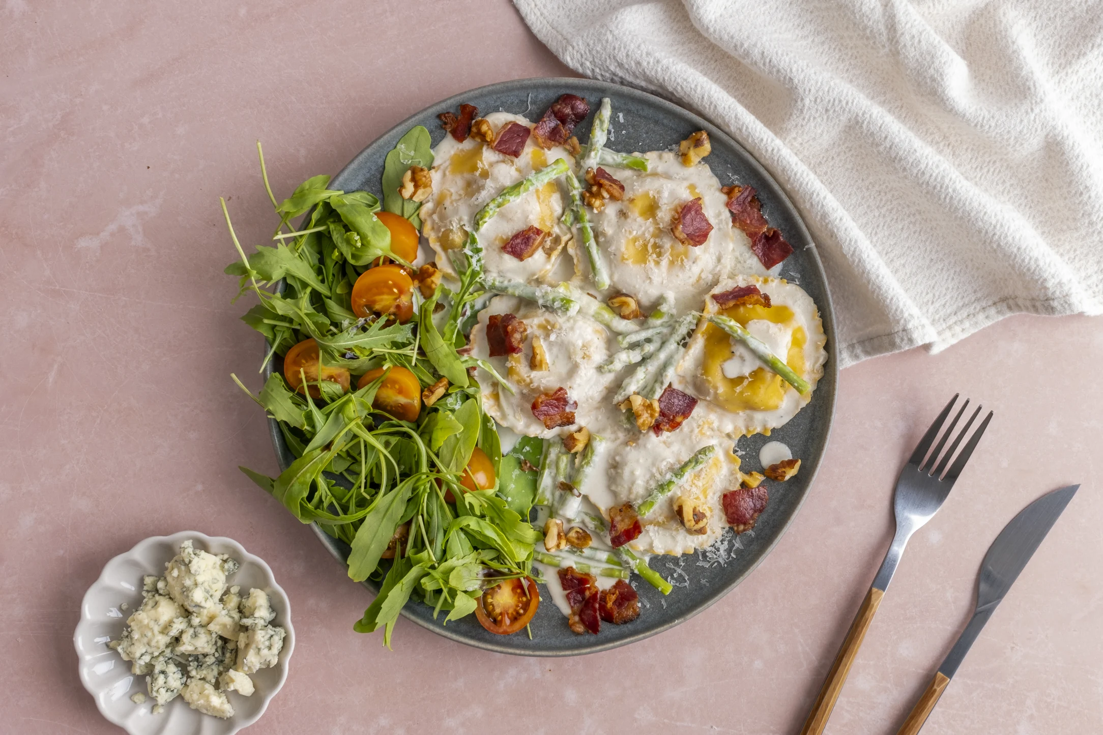Eggplant Parmesan Ravioli in Blue Cheese Sauce with Bacon, Asparagus and Garden Salad