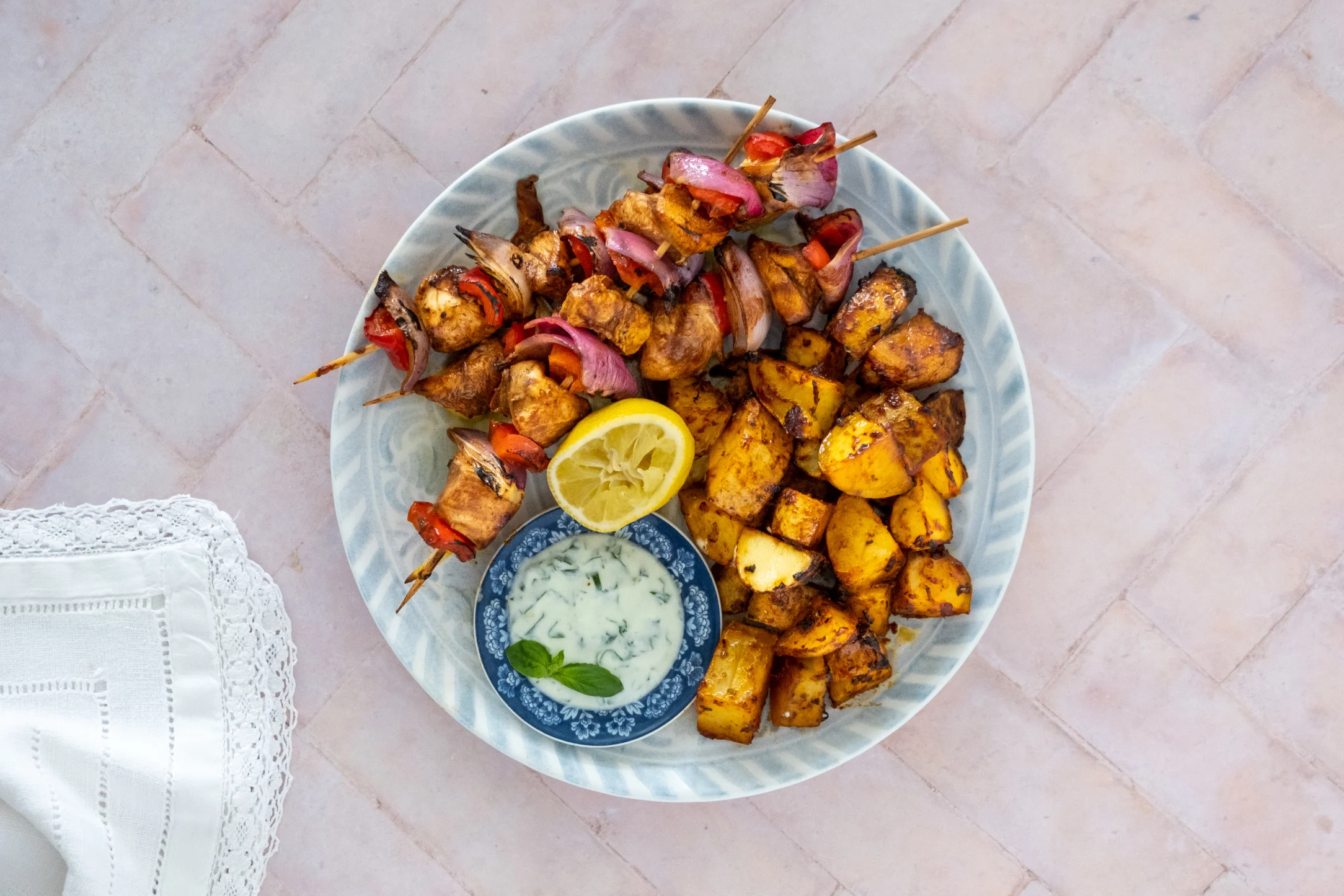 Greek Chicken Skewers with Roasted Potatoes and Lemon Basil Yogurt