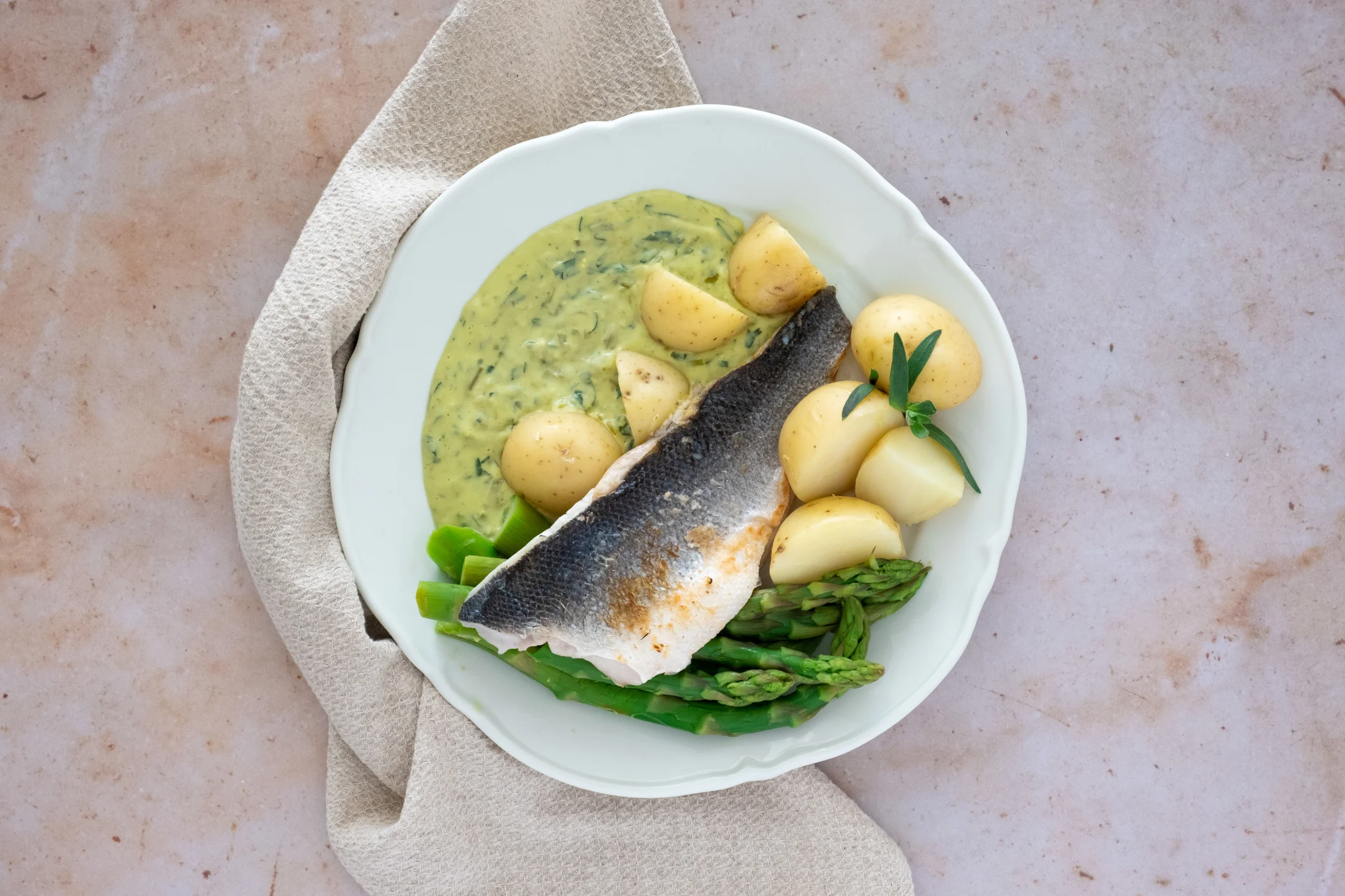 Seabass with Avocado Hollandaise and Asparagus