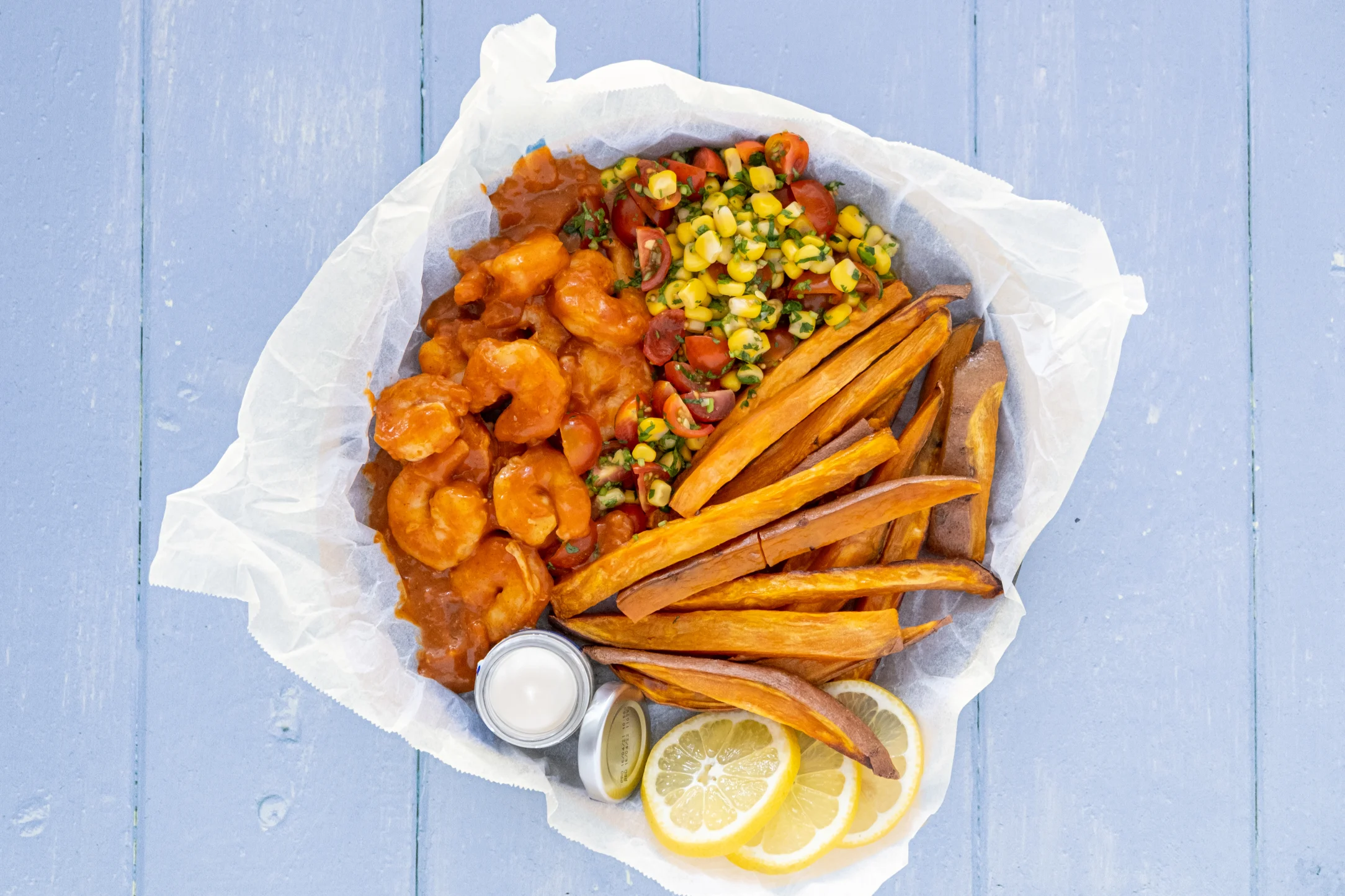 Peri-Peri Prawns with Corn Salsa and Sweet Potato Chips