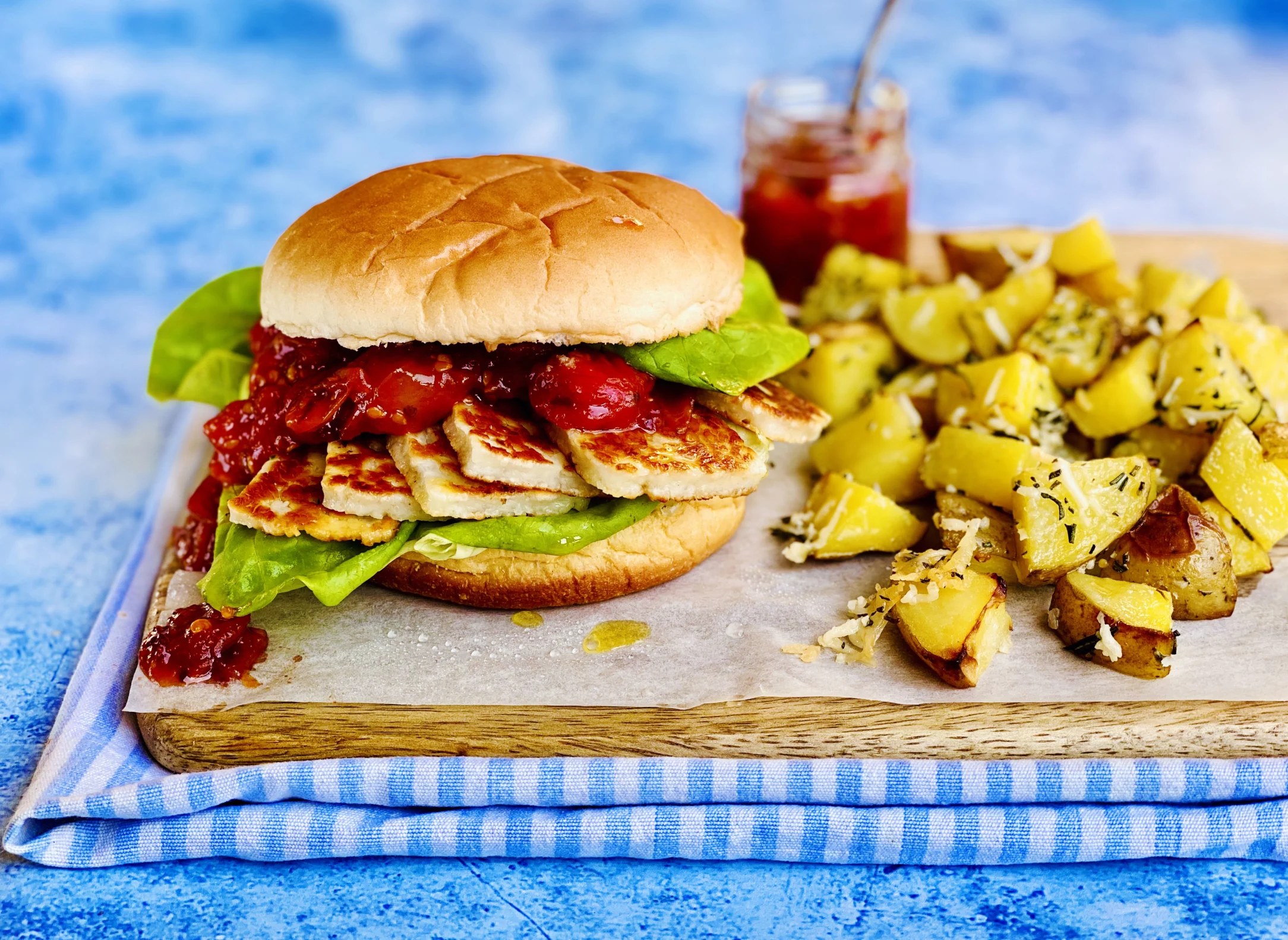 Halloumi Burger with Tomato Jam and Rosemary Potatoes