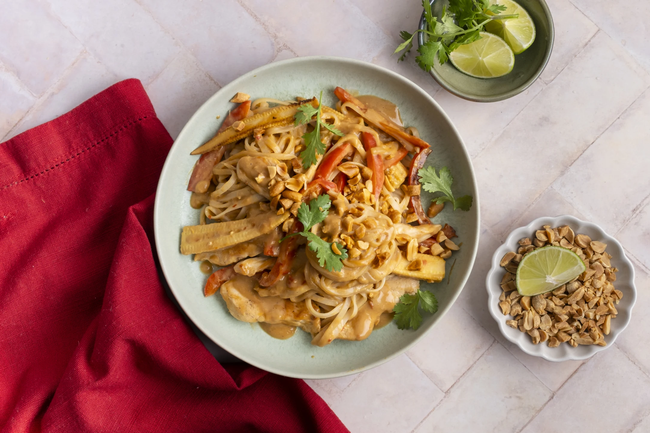 Chicken Peanut Noodles with Red Pepper and Baby Corn