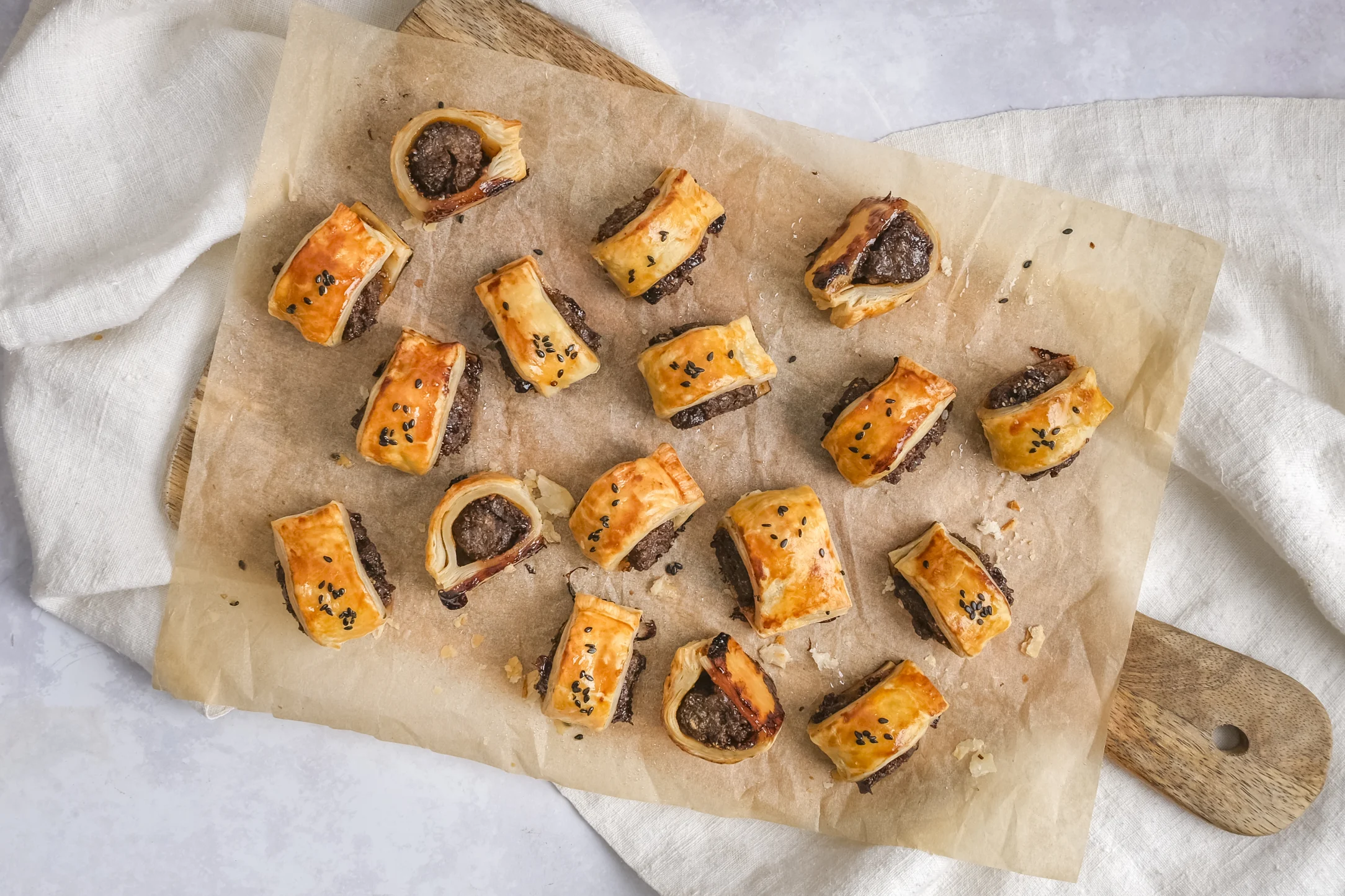 Caramelised Onion Beef Sausage Rolls with All-Butter Puff Pastry
