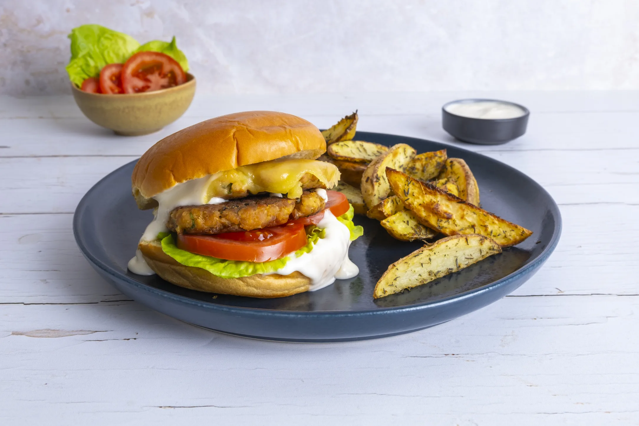 Double Stack Tuna Melt Burgers with Herb Potato Wedges and Garlic Aioli