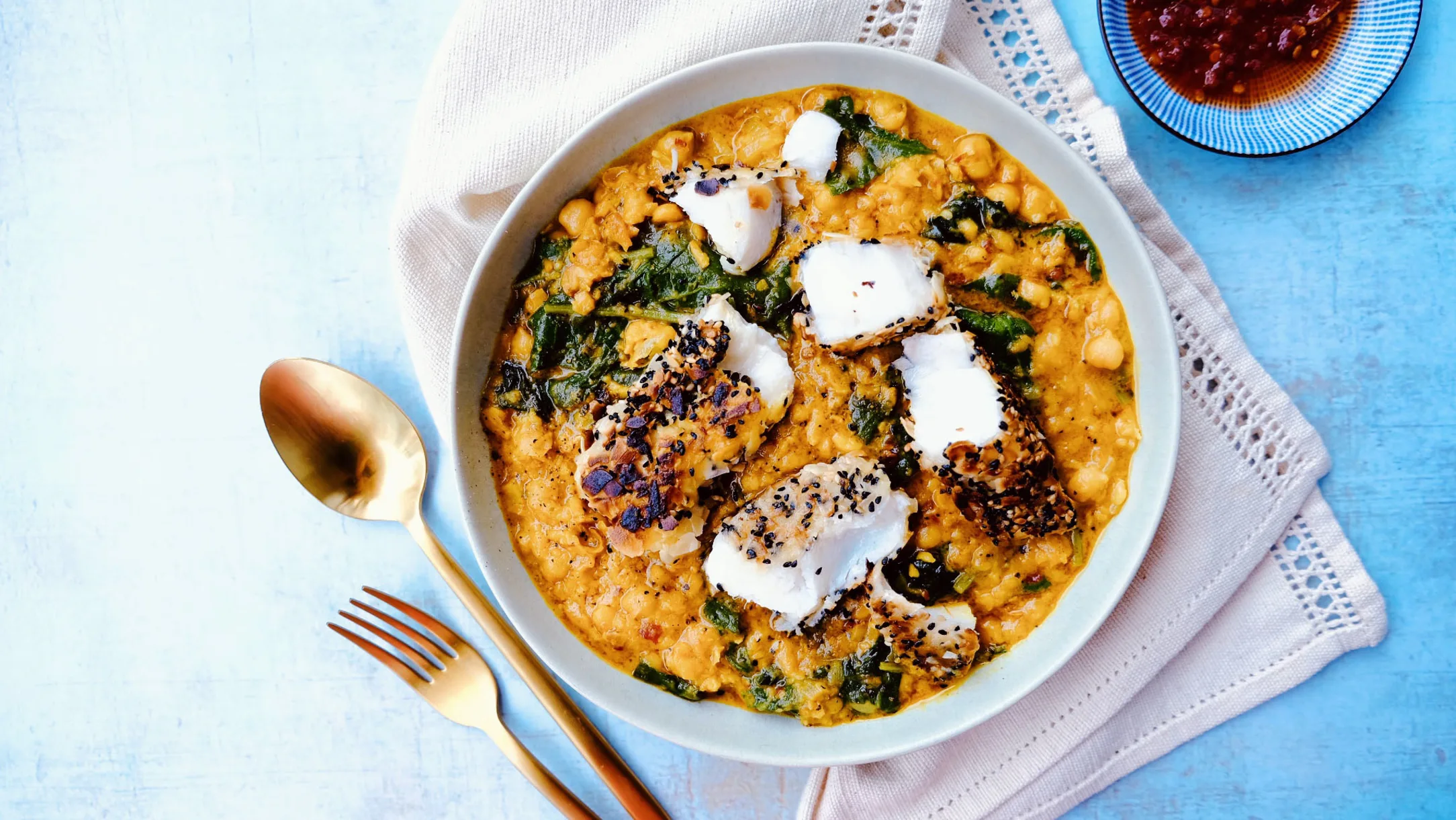 Seeded Cod with Turmeric Chickpea Stew