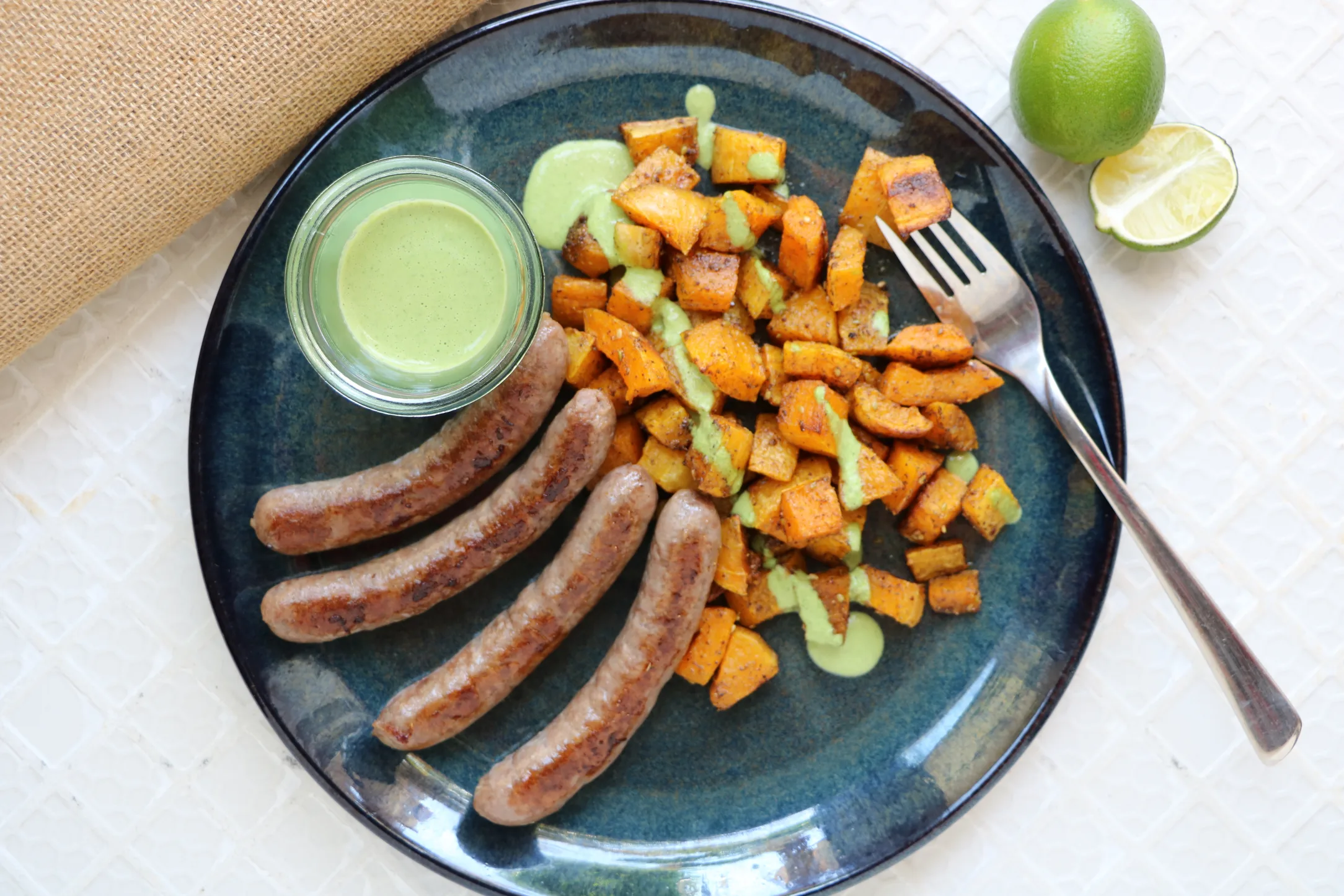 Moroccan Merguez with Zaatar Pumpkin and Green Tahini Sauce
