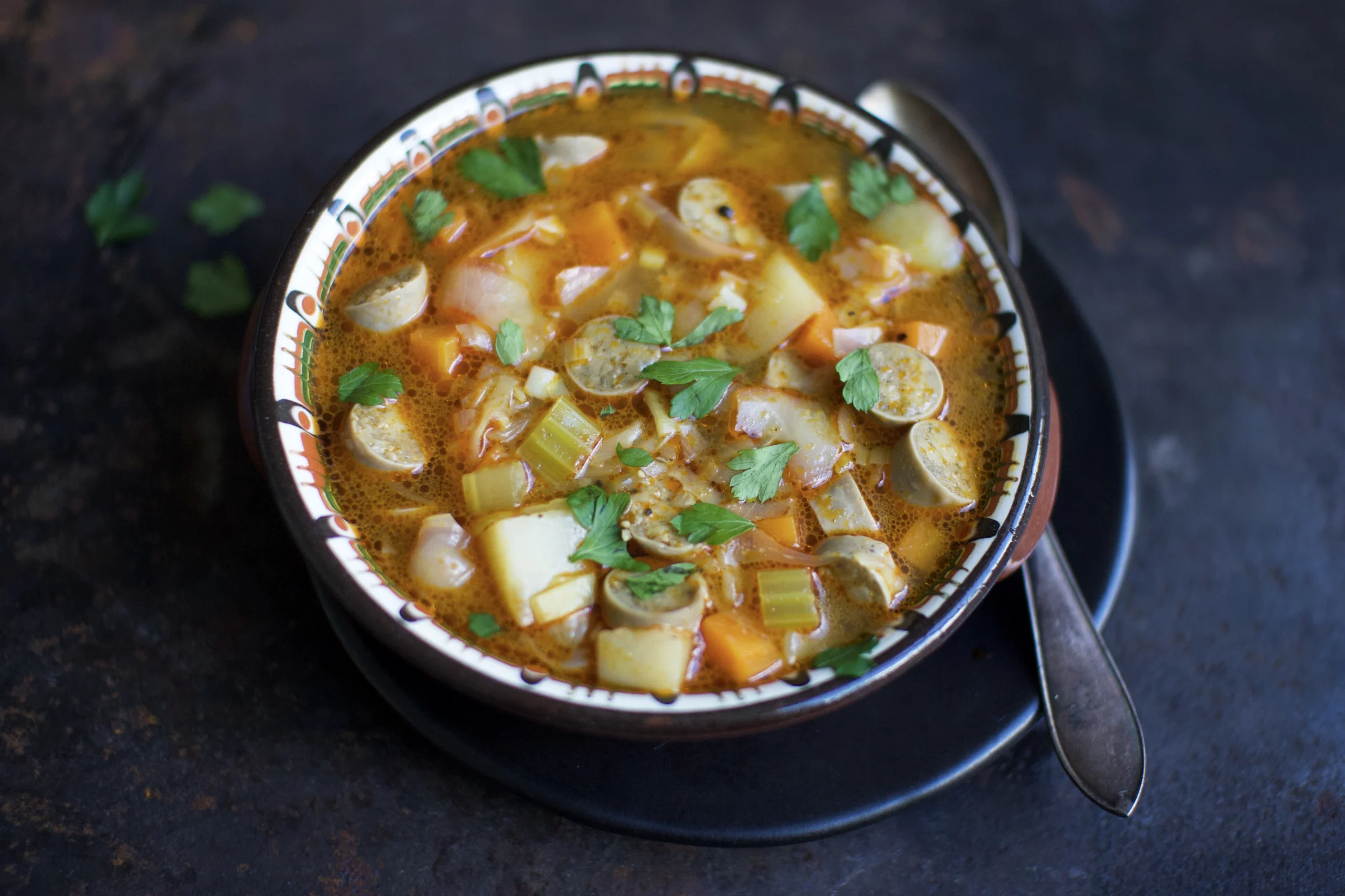 Cabbage, Potato and Vegan Sausage Soup