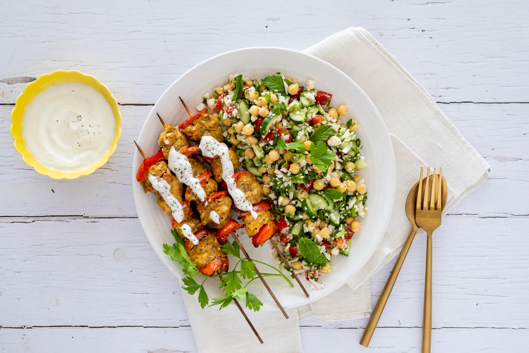 Shawarma Spiced Chicken Skewers with Feta Cauliflower Chickpea Salad