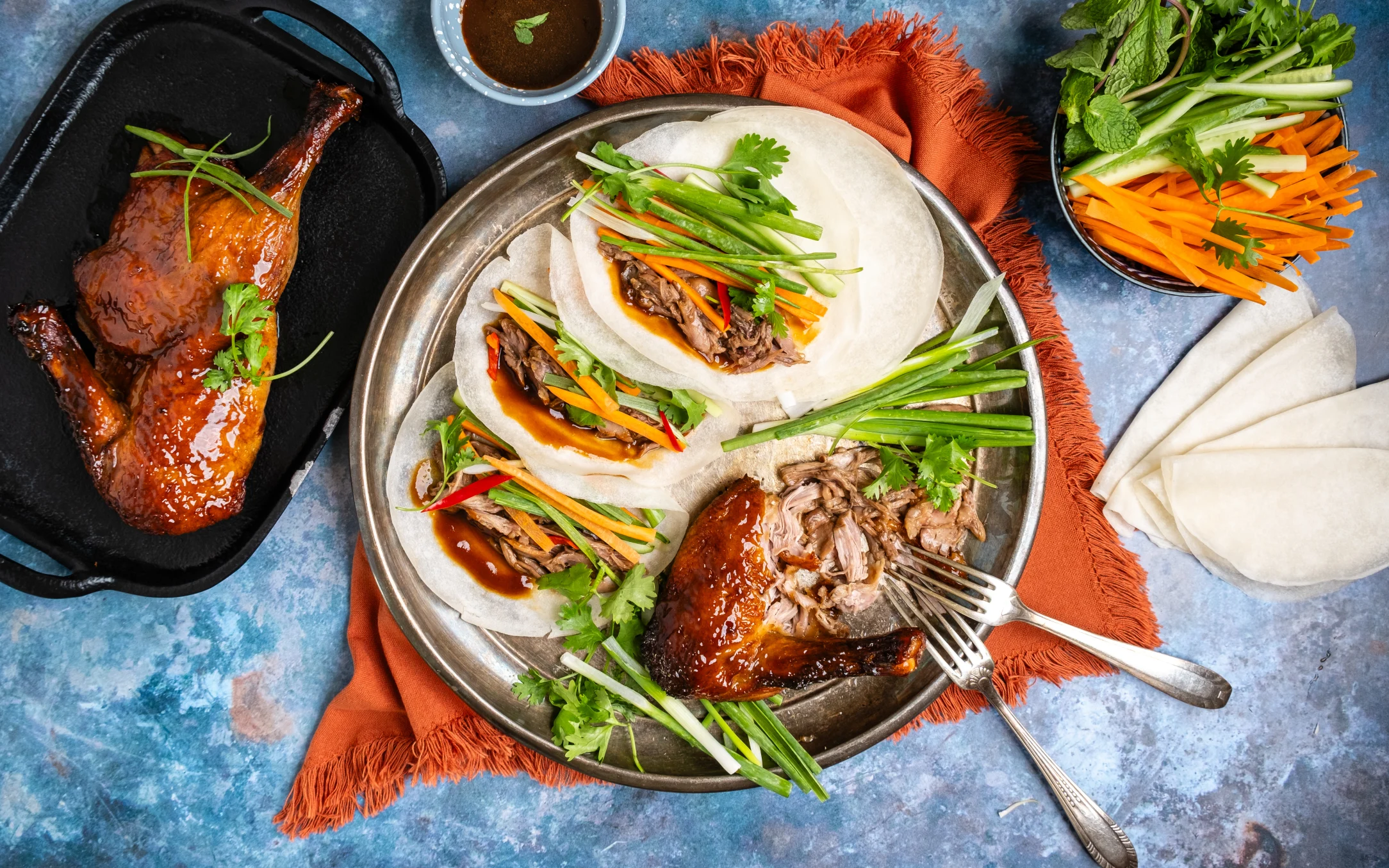 Peking-style Roasted Duck and Pancakes with Veggies and Hoisin Sauce
