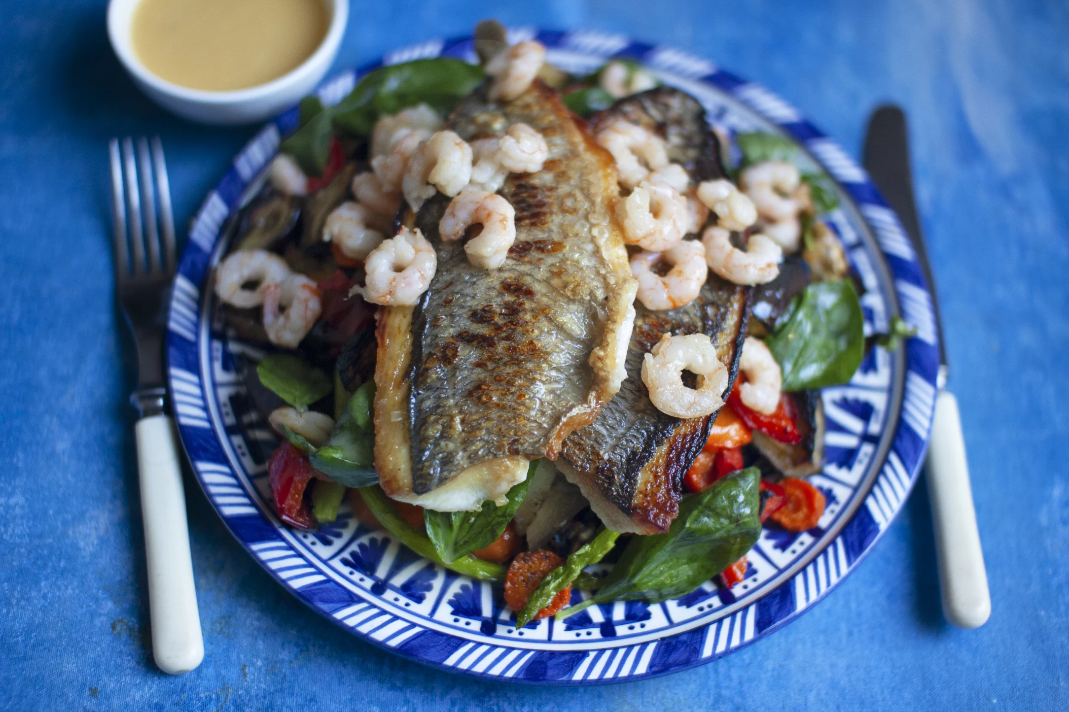 Sea Bass and Prawns in Lemon Butter Sauce with Basil Vegetables