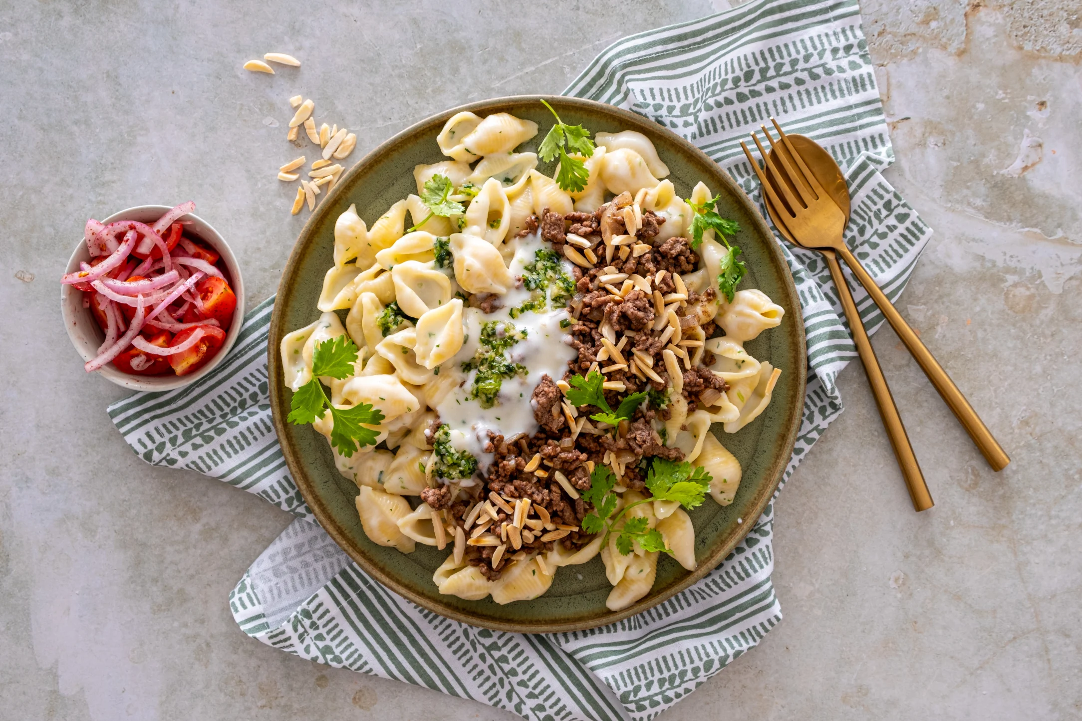 Cheat's Shish Barak - Spiced Beef with Pasta in Garlic Coriander Yogurt Sauce with Almonds