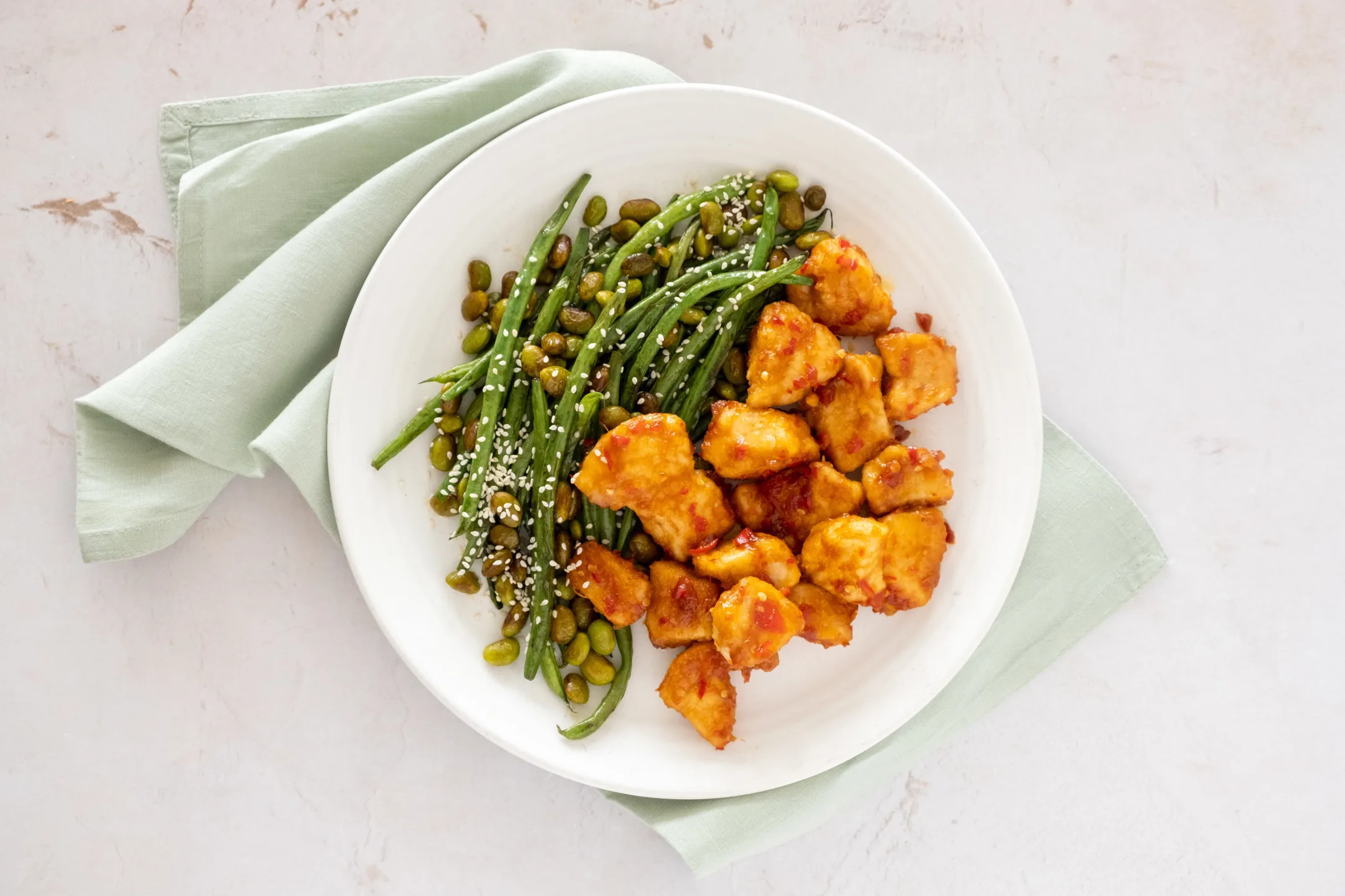 Easy Chilli Ginger Chicken with Sesame Green Beans and Edamame
