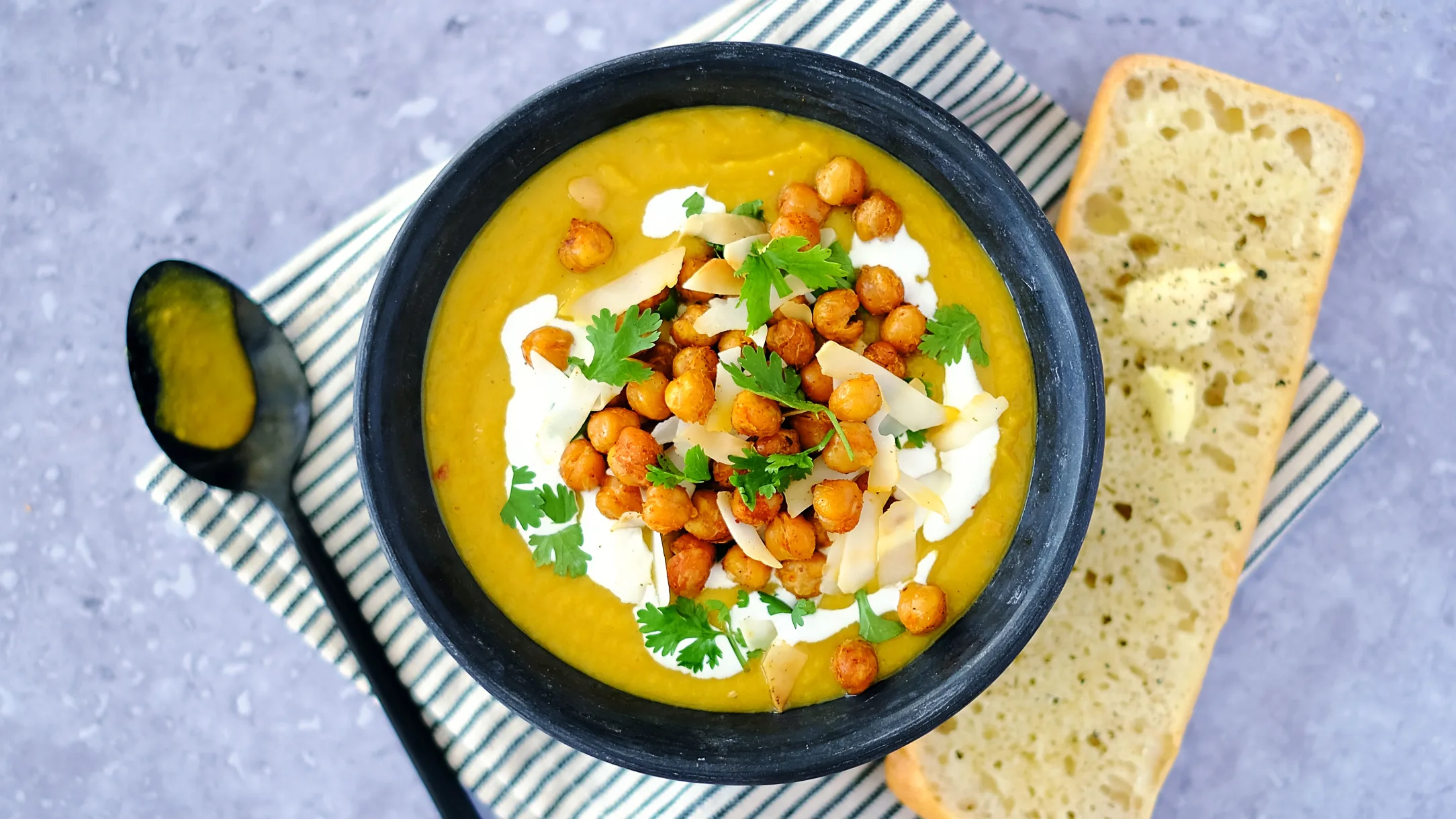 Spiced Sweet Potato and Coconut Soup with Crispy Chickpeas