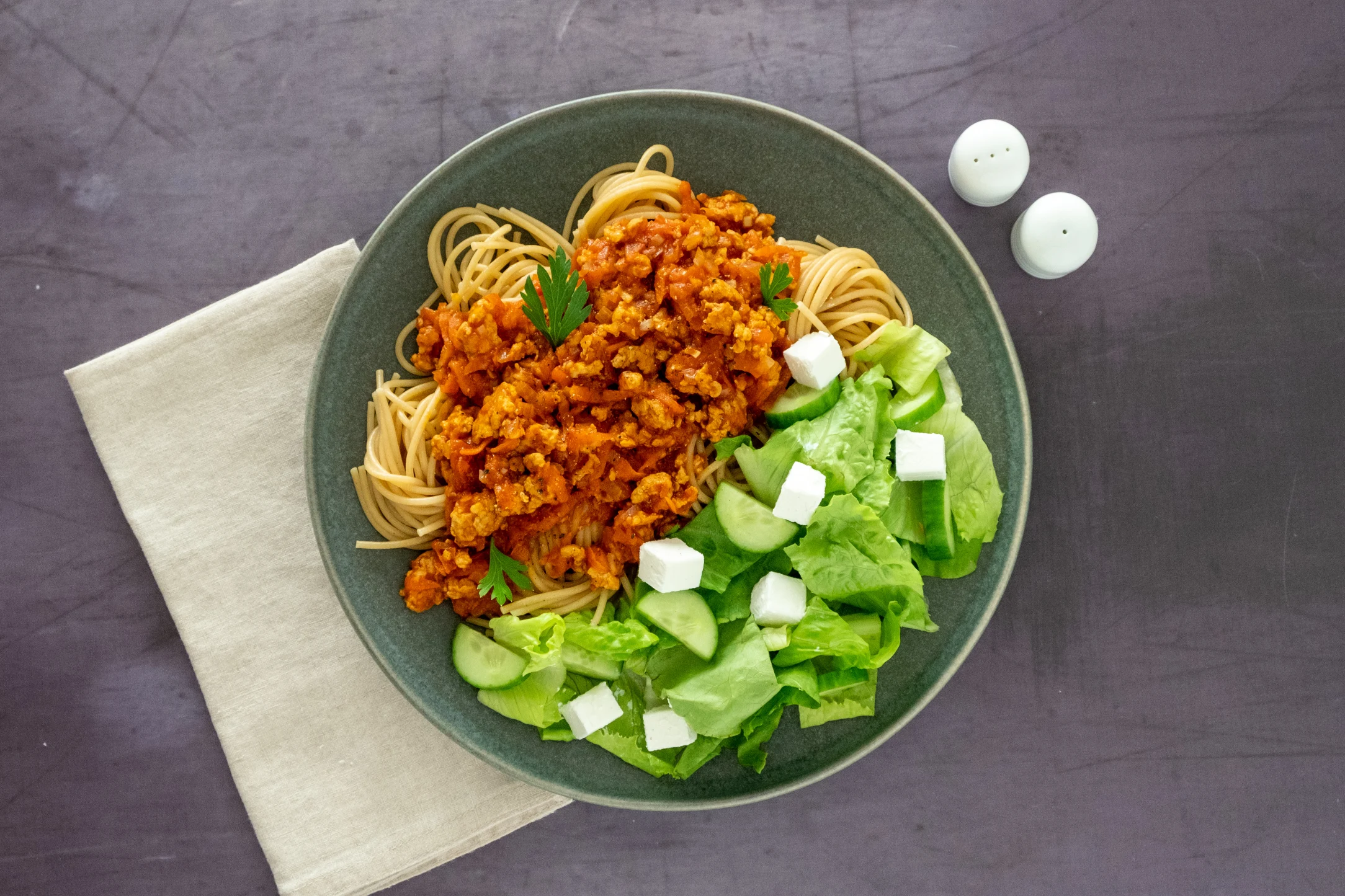 Tangy Tomato Chicken Wholewheat Pasta with Romaine and Feta Salad