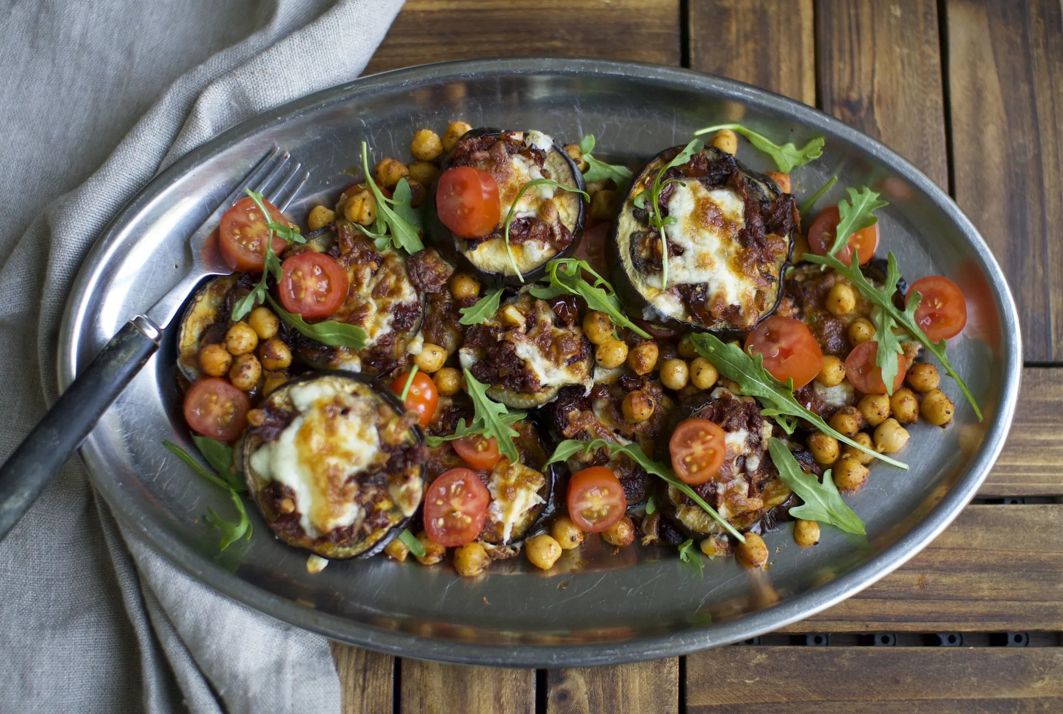Eggplant Pizzas with Crispy Chick Peas and Rocket