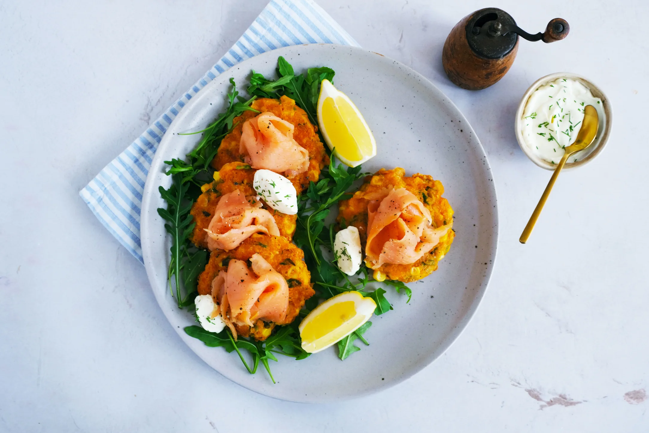 Corn Fritters with Smoked Salmon, Sour Cream and Lemon
