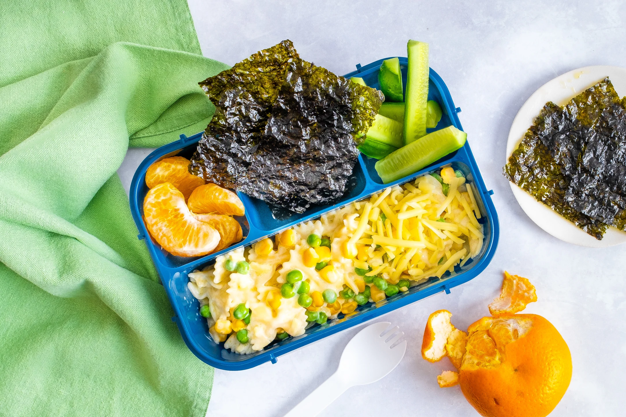 Creamy Cheese, Sweet Corn and Pea Pasta with Cucumber, Mandarins and Nori Sheets
