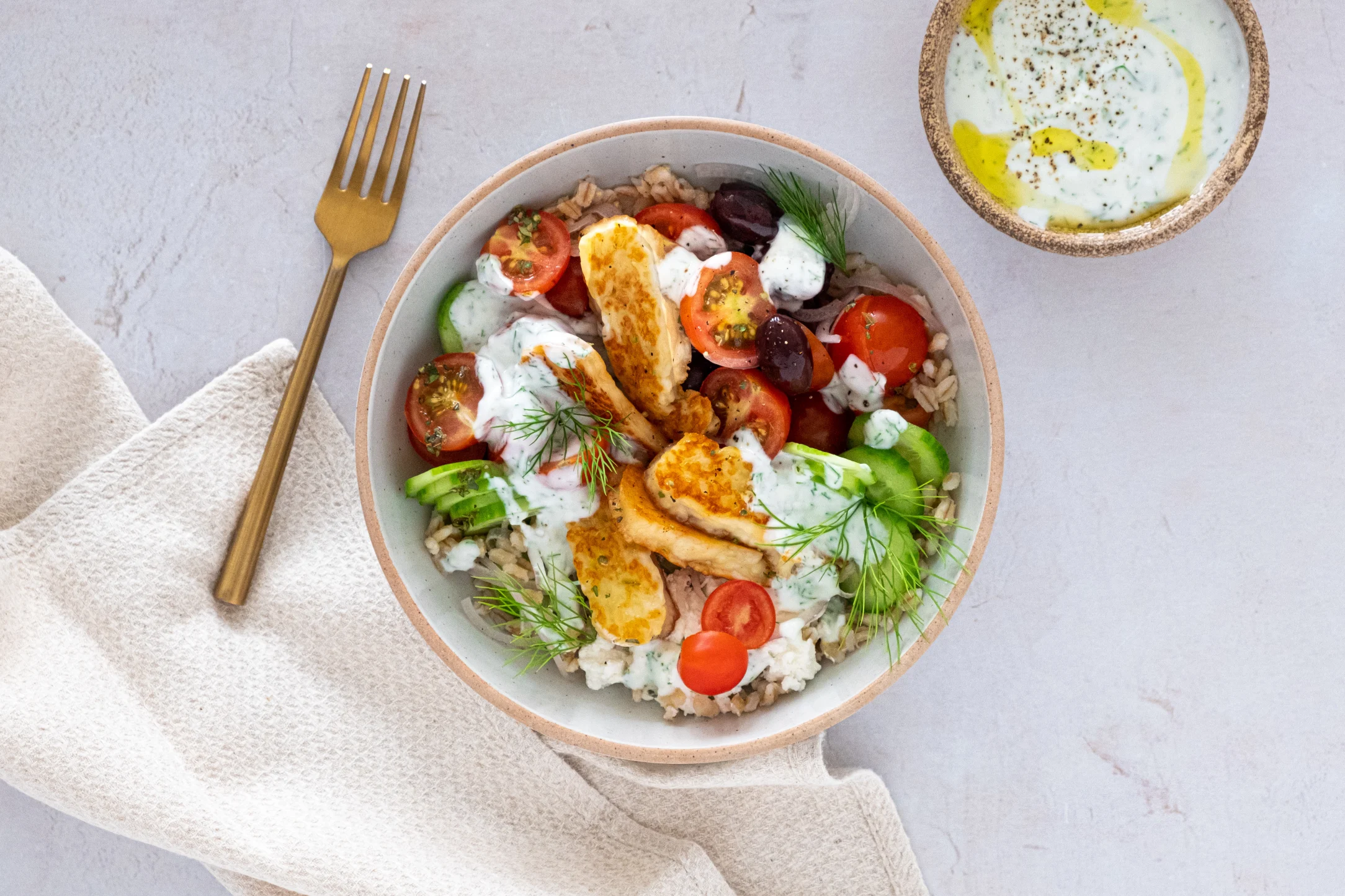 Mediterranean Halloumi Bowl with Dill Dressing