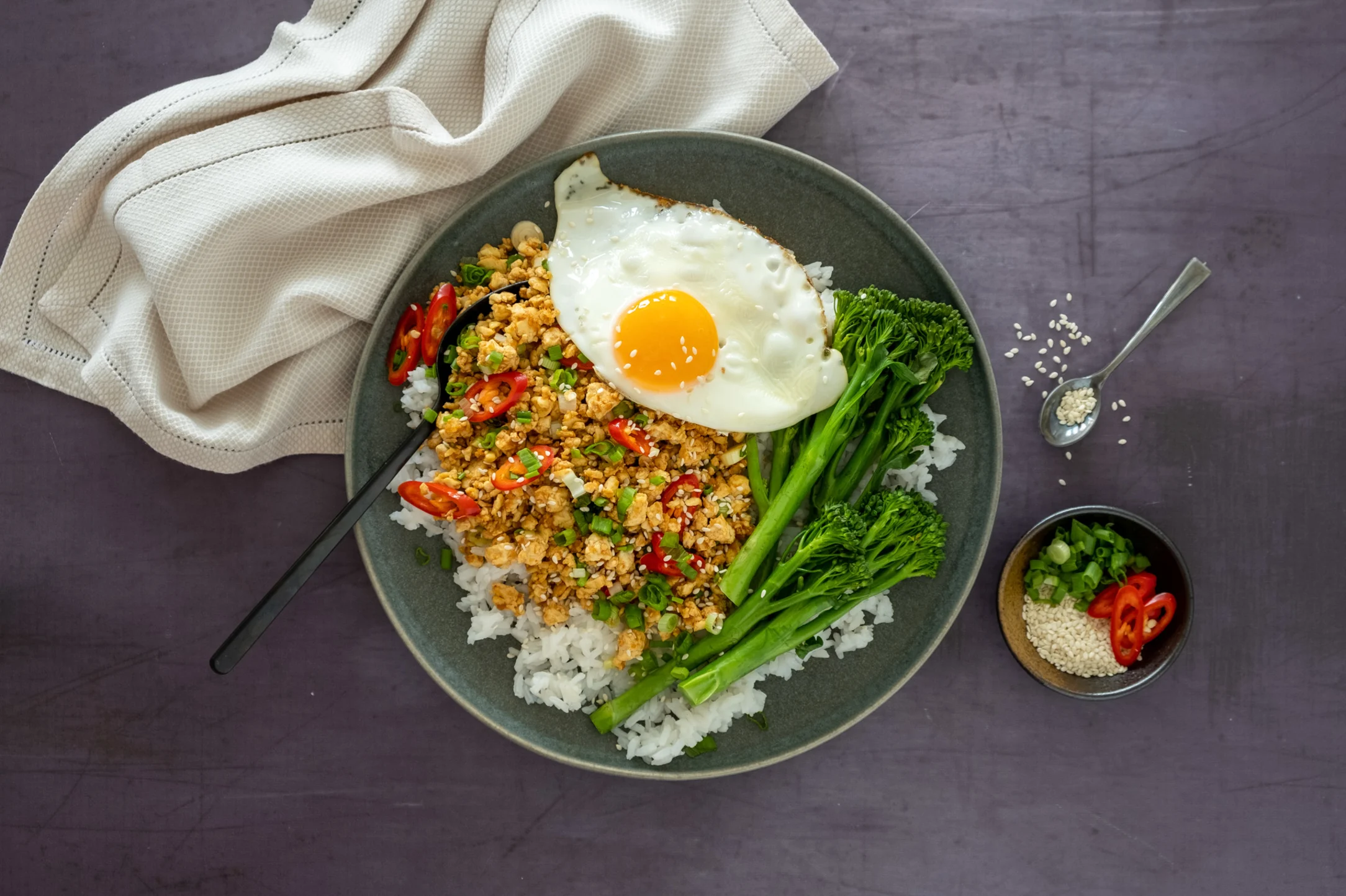 Korean Tofu Bowl with Fried Eggs and Tenderstem Broccoli