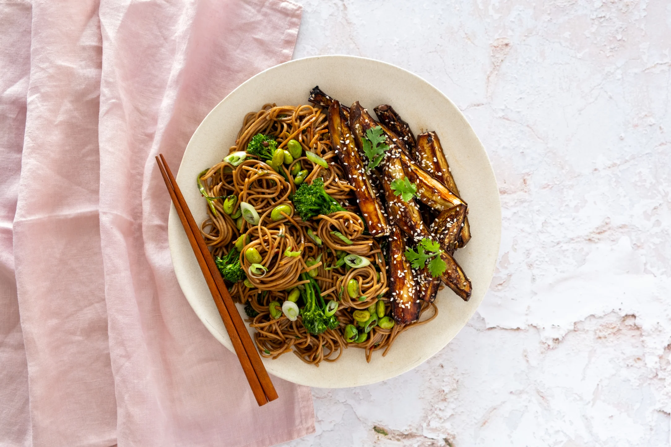 Roasted Eggplant Soba Noodles with Edamame Beans and Broccoli