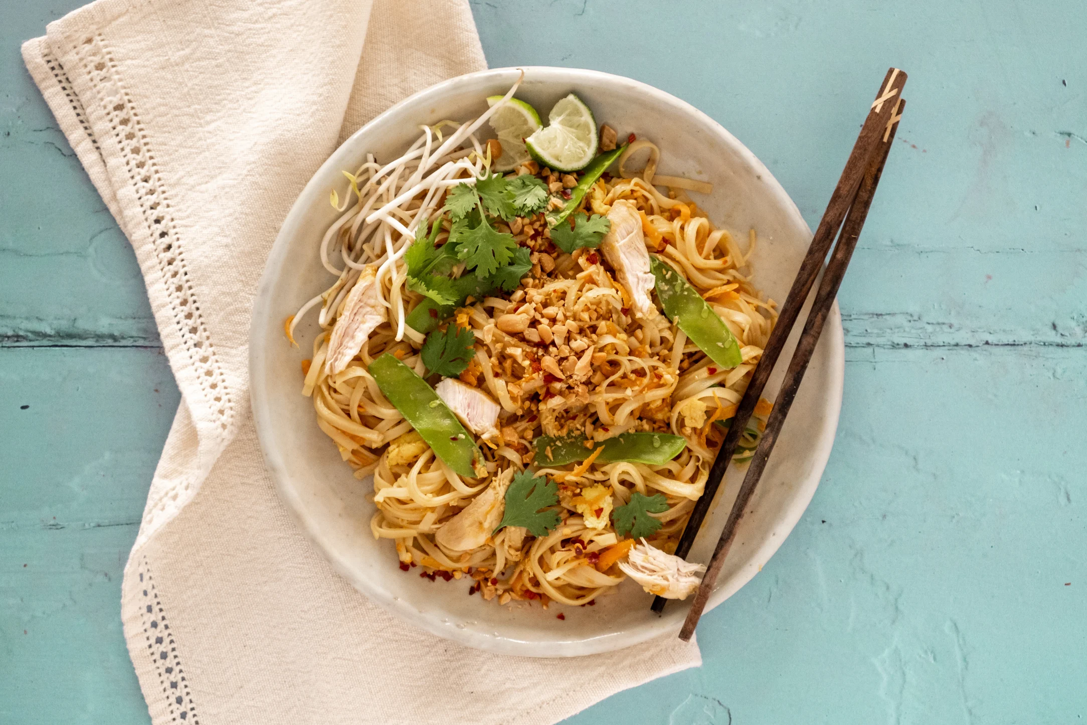 Chicken Pad Thai with Snow Peas and Roasted Peanuts