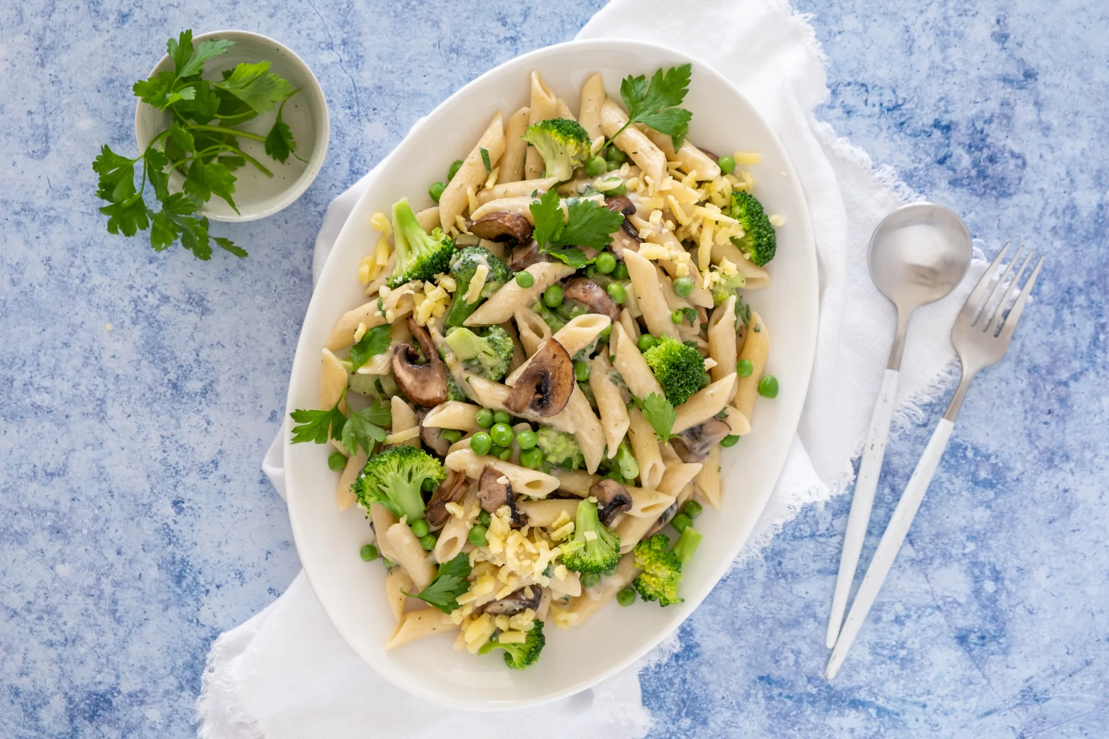 Mushroom and Green Veggie Penne Pasta in a Creamy Cheese Sauce