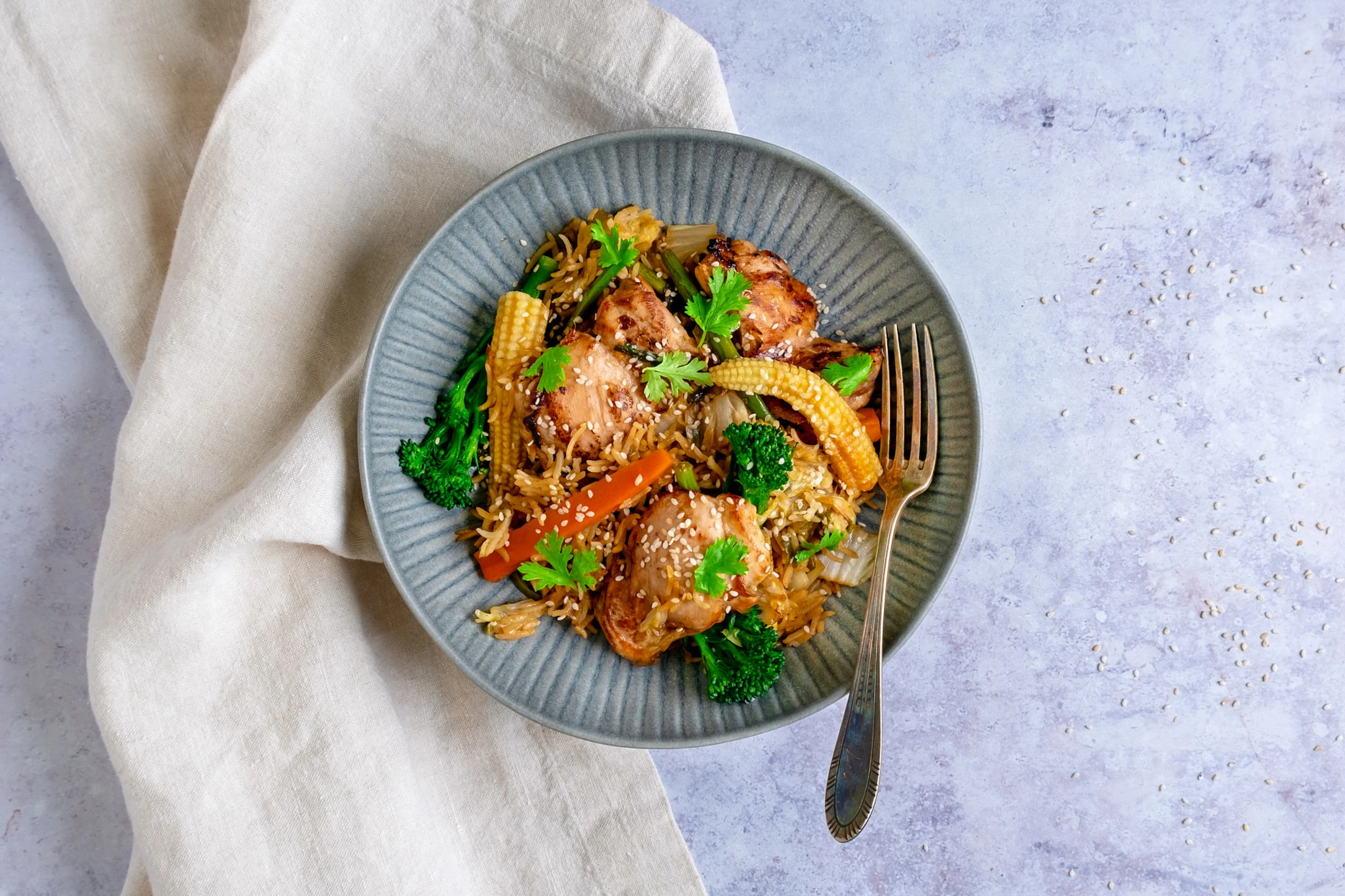 One-pot Chinese 5 Spice Chicken Rice with Mixed Veg and Sesame Seeds