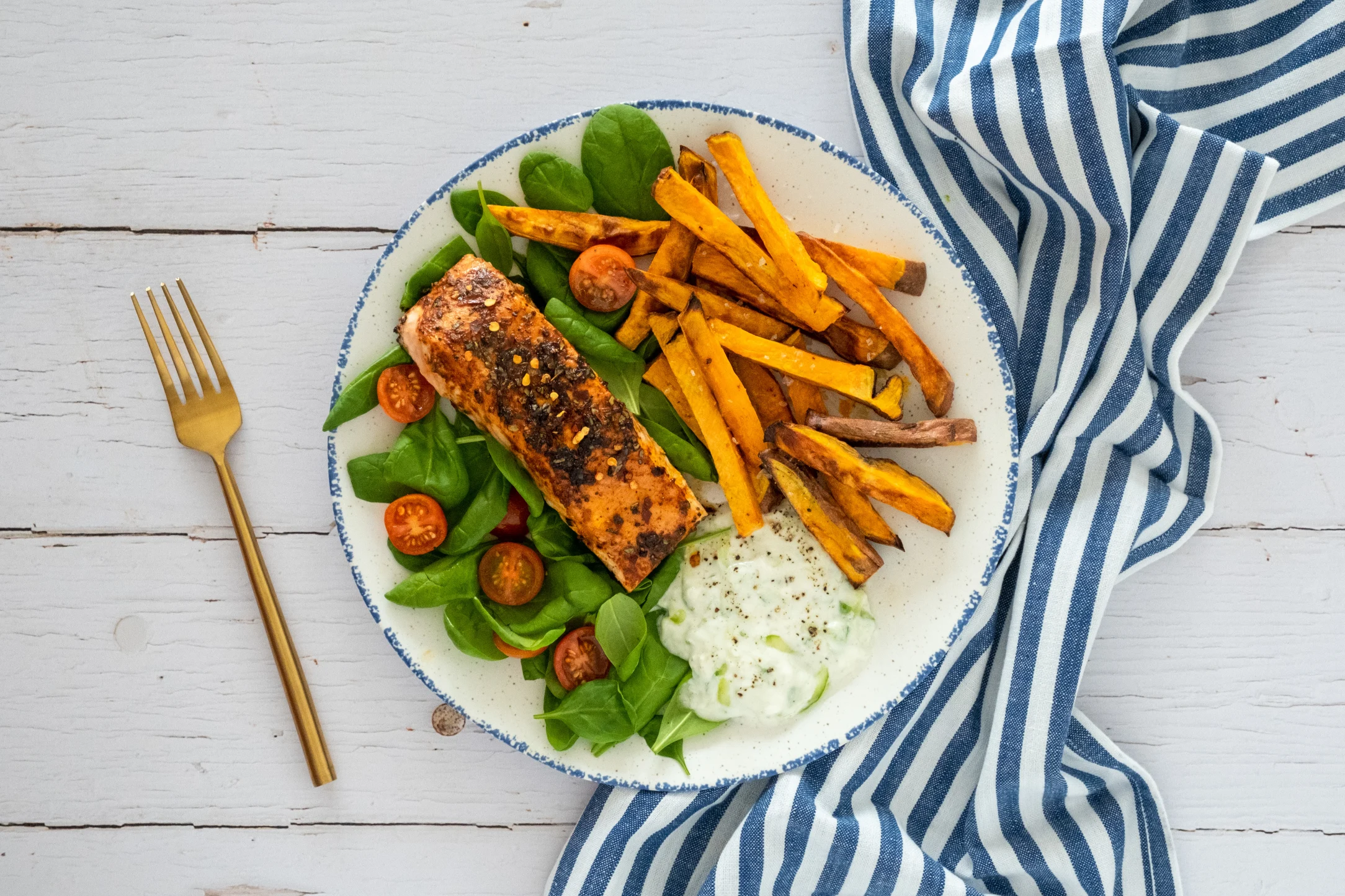 Greek Salmon with Sweet Potato Fries, Salad and Tzatziki