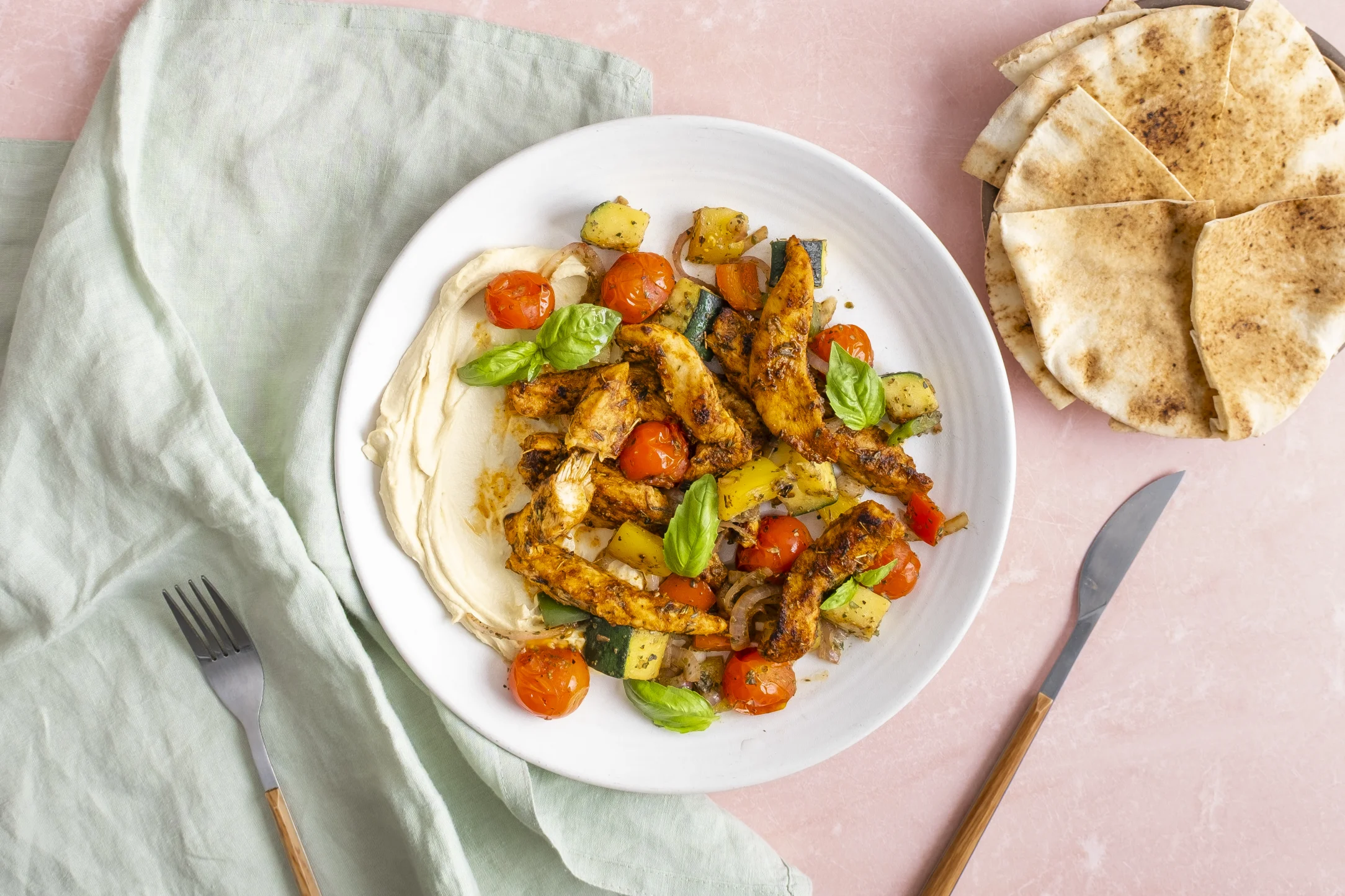Express: Pan-fried Chicken Strips and Mediterranean Veg with Hummus and Flatbread