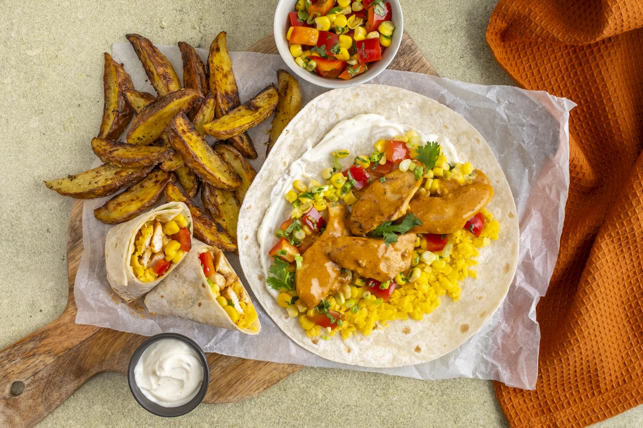 Creamy & Spicy Chicken Wraps with Corn Salsa, Potato Wedges & Ranch Sauce