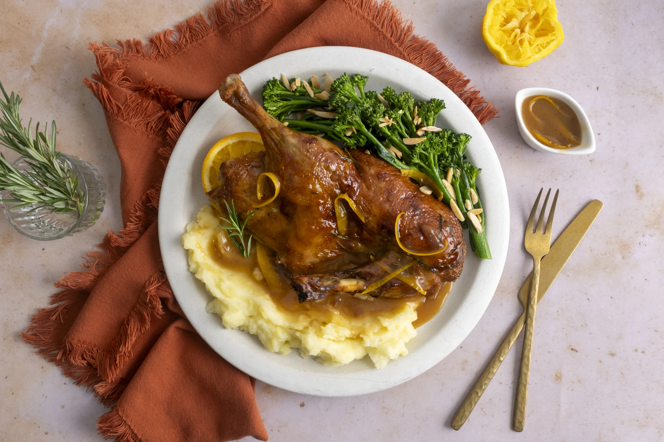 Duck A L'Orange with Mashed Potato and Almond Broccolini