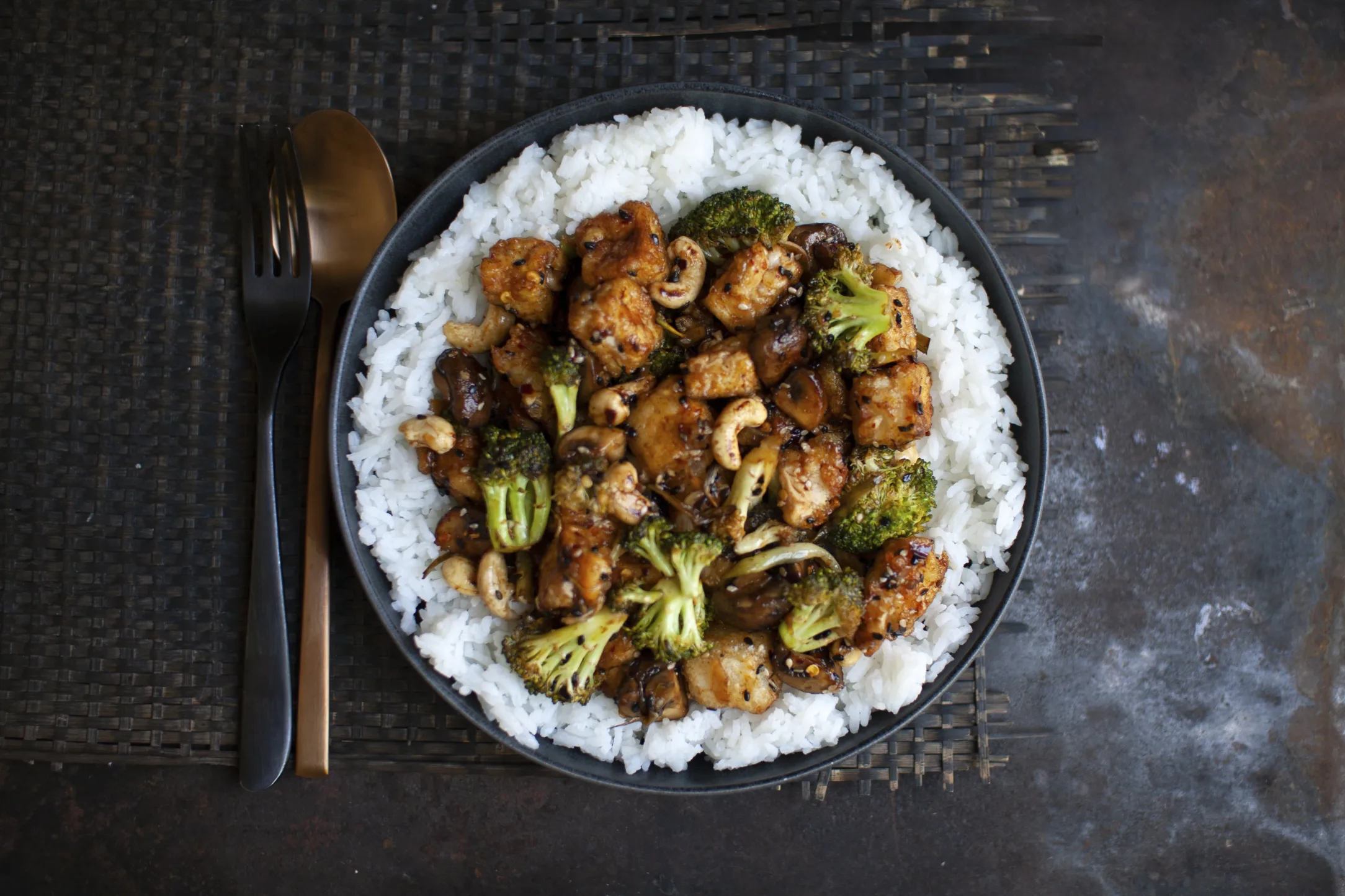 Spicy Sesame Tofu, Mushroom and Broccoli Stir-Fry
